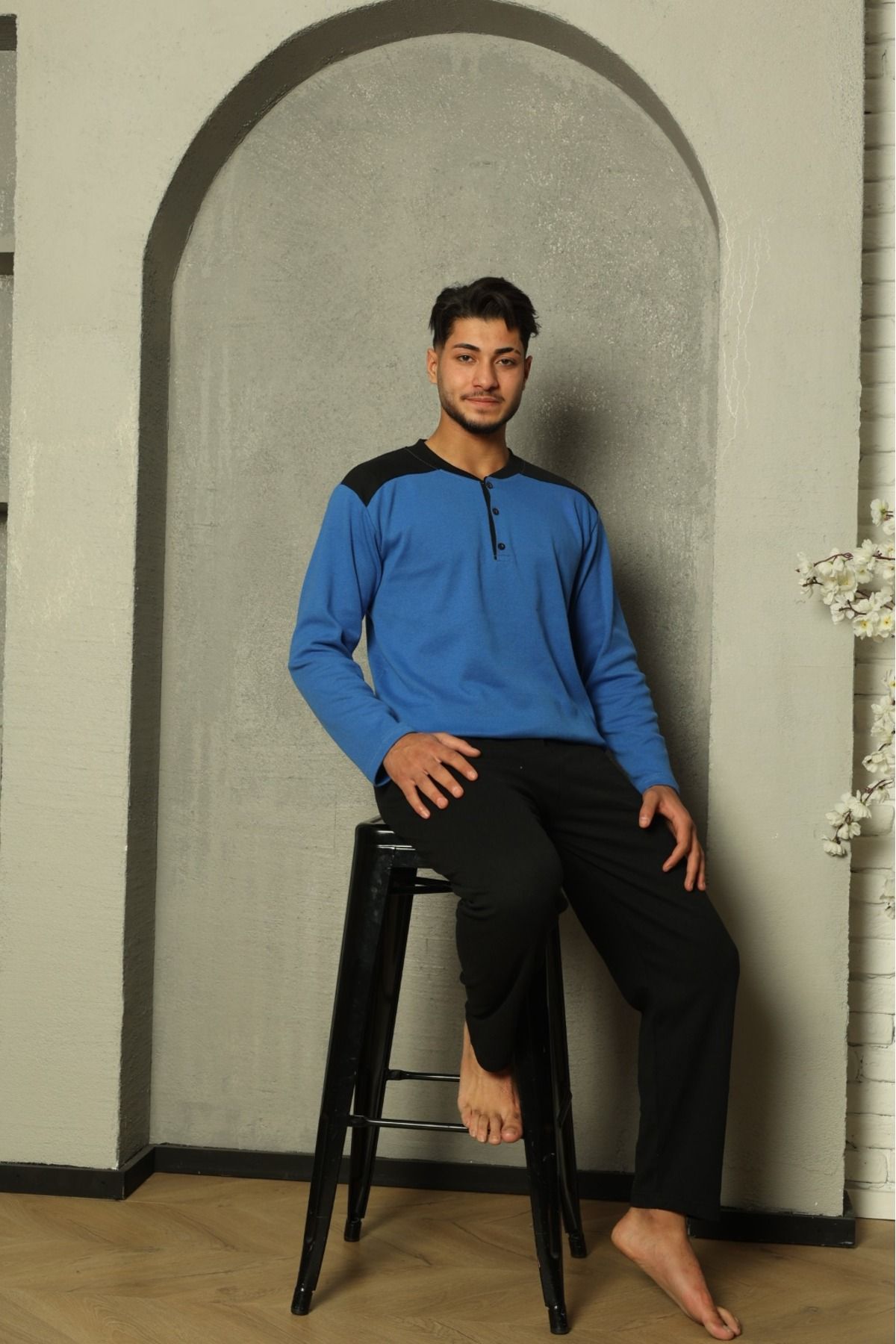 Erkek Yakası Düğmeli İnterlok Pijama Takımı YENİ SEZON