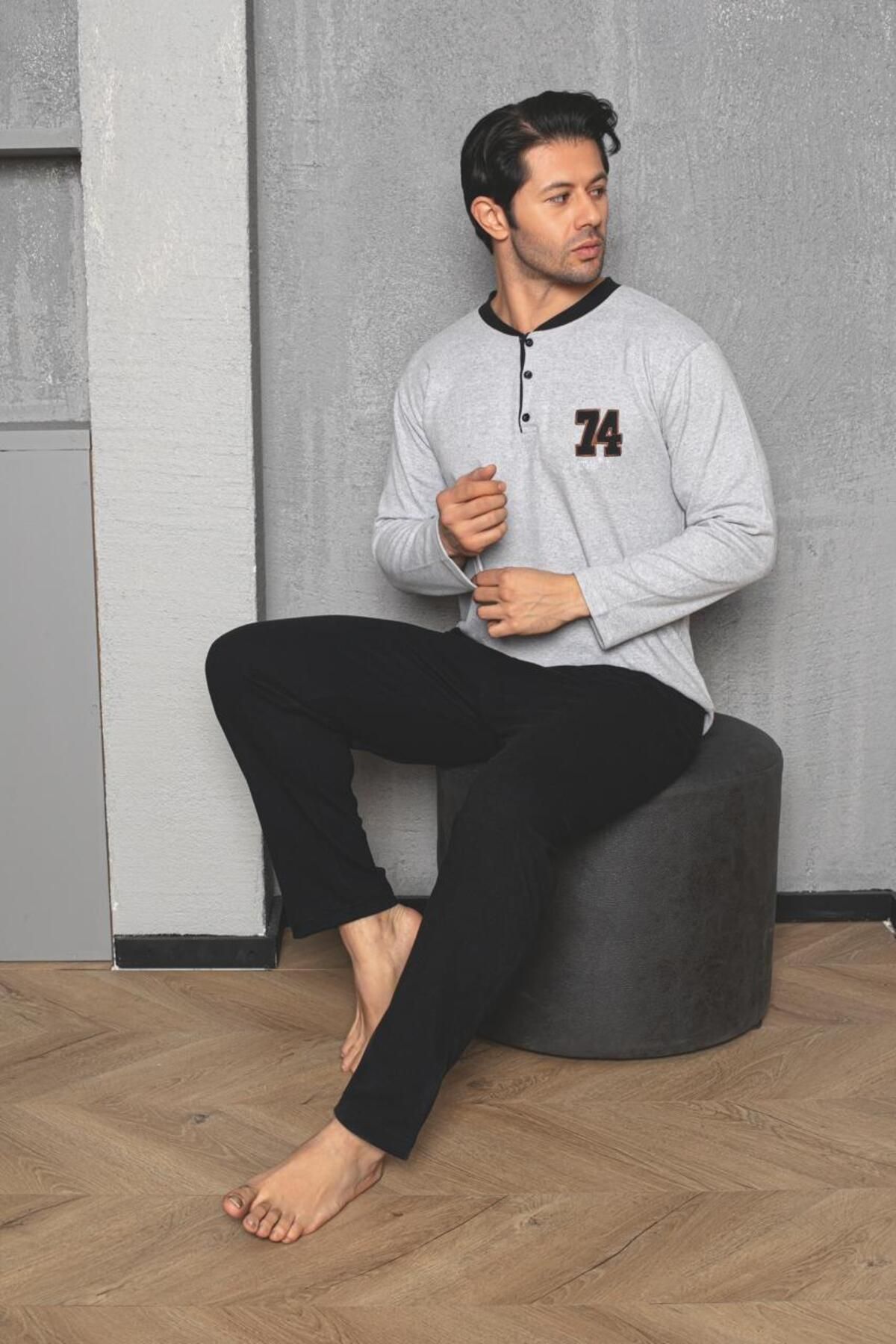 Erkek Yakası Düğmeli İnterlok Pijama Takımı YENİ SEZON