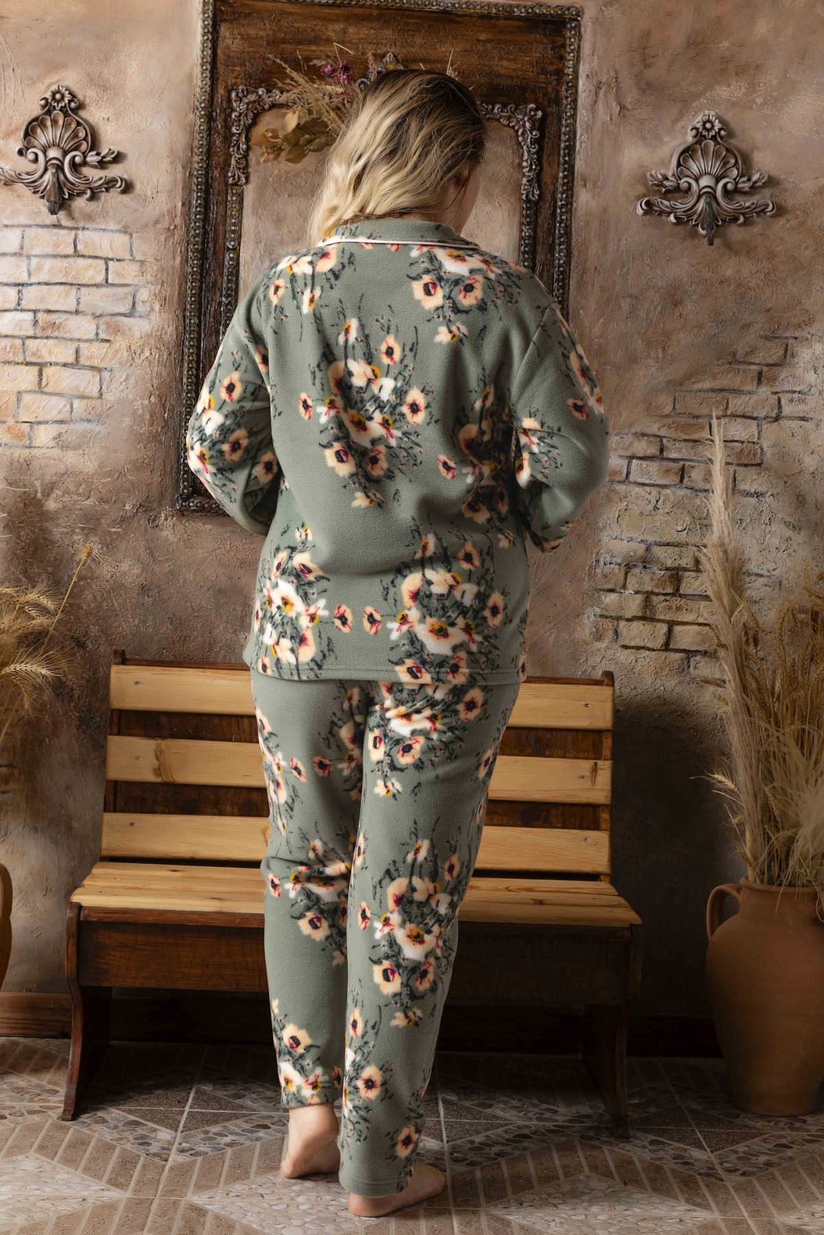 Kadın Battal Büyük Beden Önden Düğmeli Uzun Kollu Polar Pijama Takımı HAKİ-L
