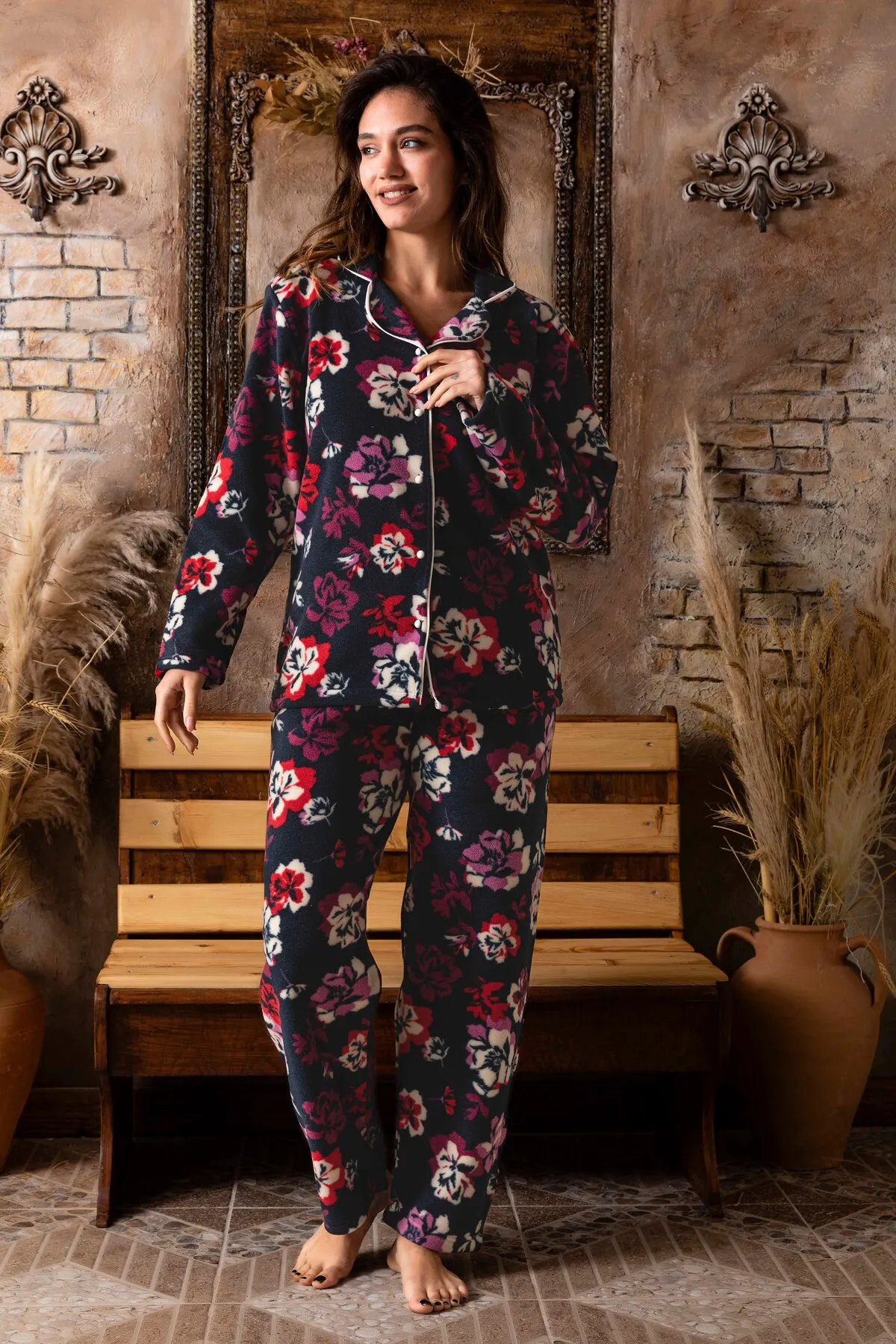 Kadın Battal Büyük Beden Önden Düğmeli Uzun Kollu Polar Pijama Takımı SİYAH-3XL