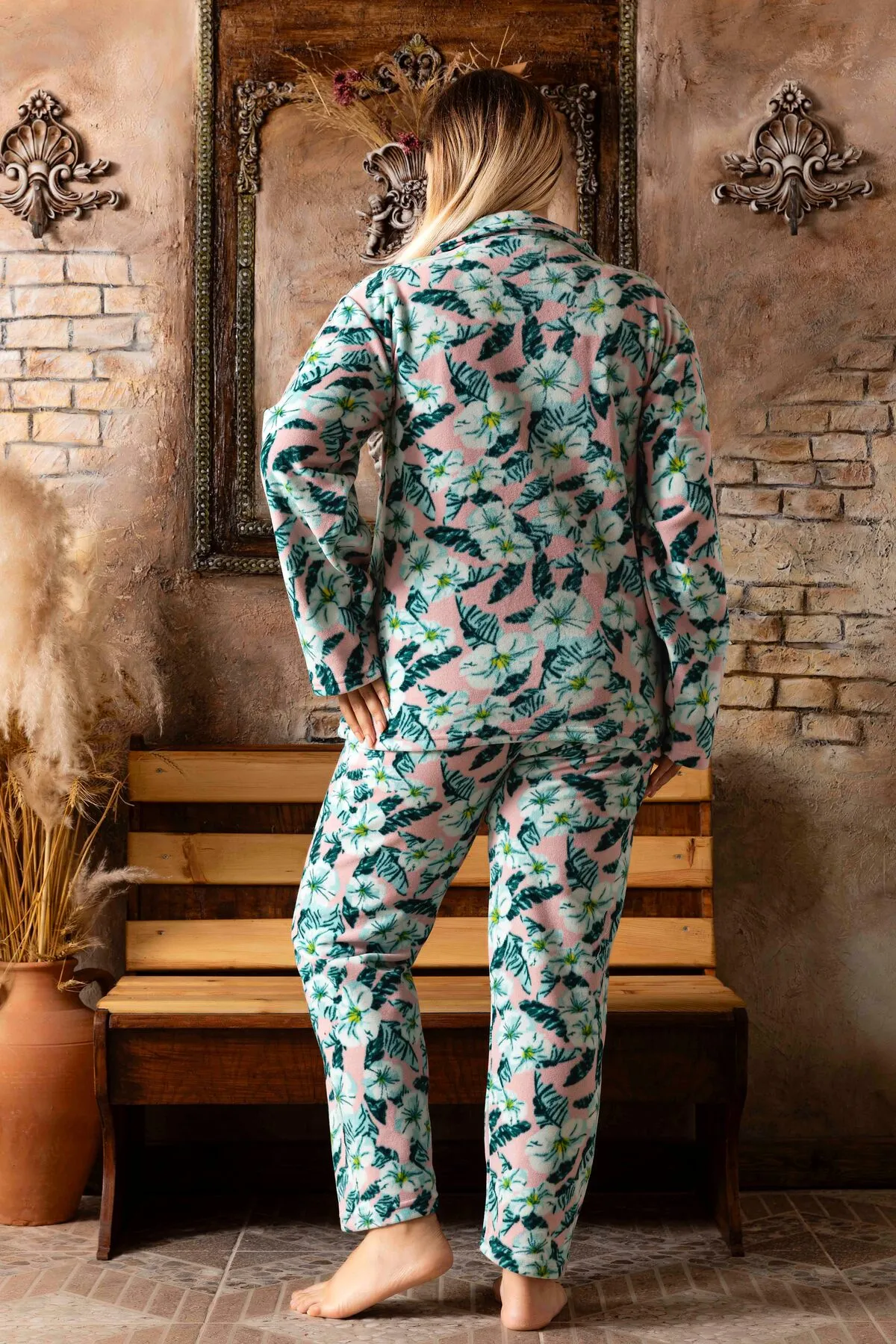 Kadın Battal Büyük Beden Önden Düğmeli Uzun Kollu Polar Pijama Takımı TURKUAZ-4XL