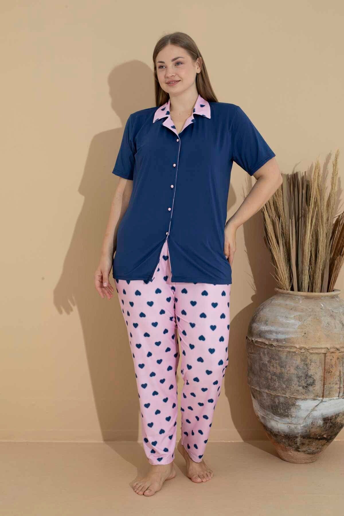 Kadın Battal Milan Kumaş Kısa Kol Gömlek Yaka Büyük Beden Pijama Takımı