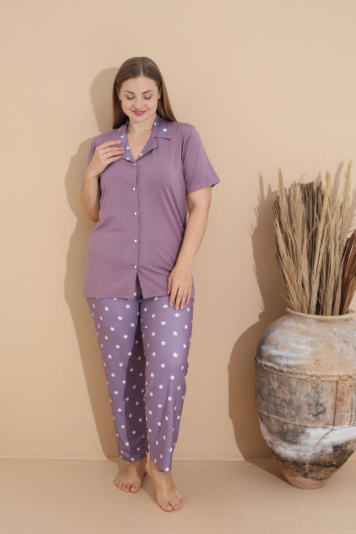 Kadın Battal Milan Kumaş Kısa Kol Gömlek Yaka Büyük Beden Pijama Takımı