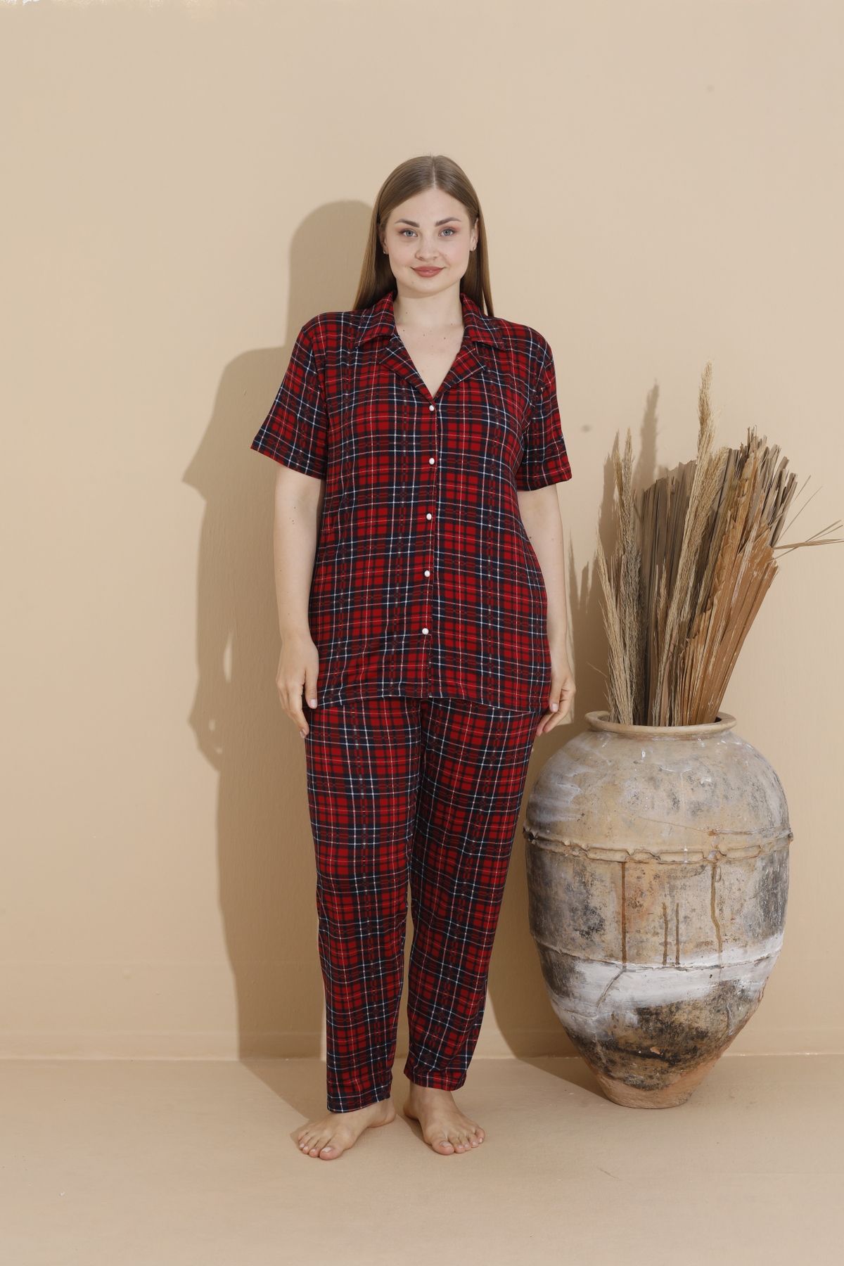 Kadın Battal Milan Kumaş Kısa Kol Gömlek Yaka Büyük Beden Pijama Takımı