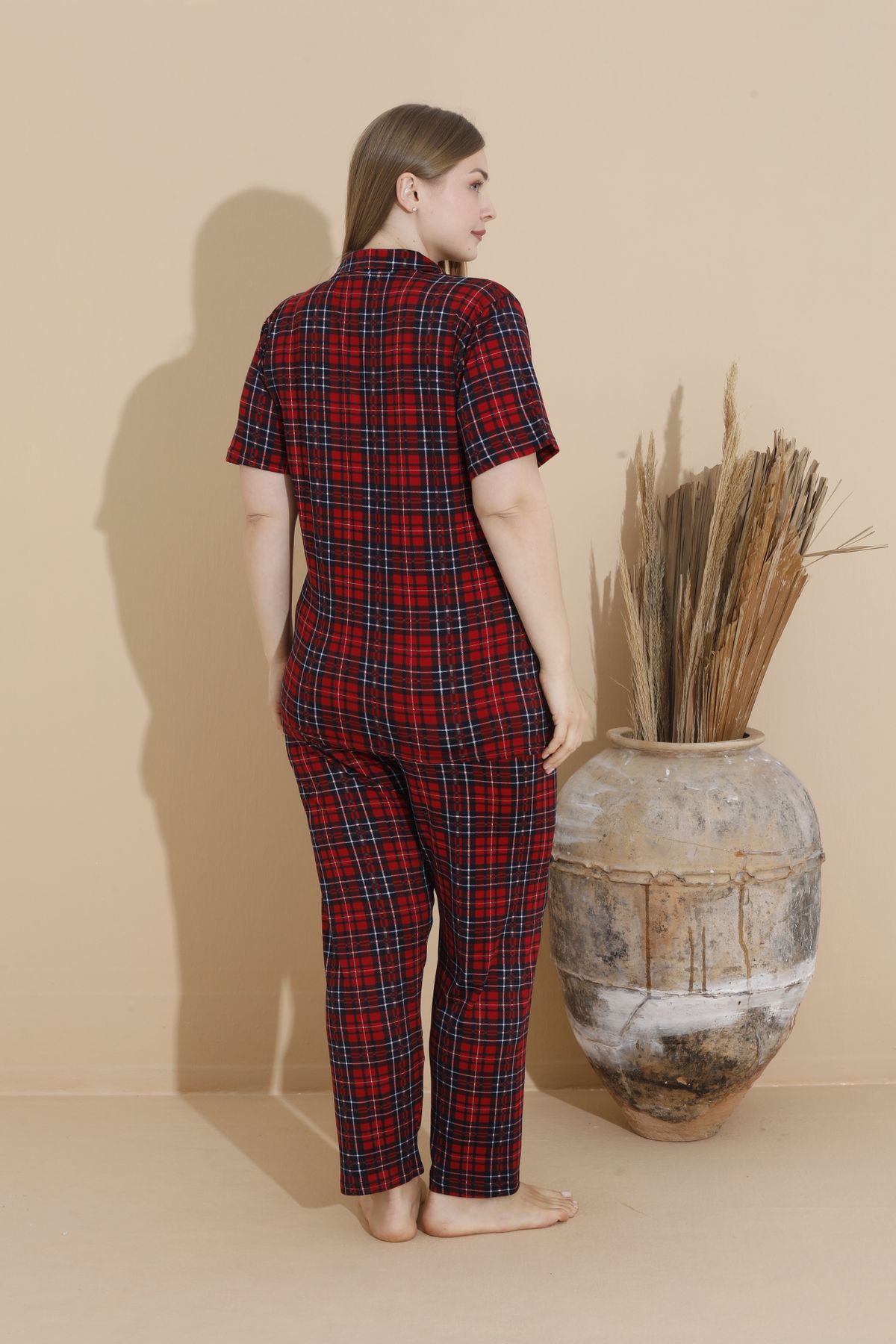 Kadın Battal Milan Kumaş Kısa Kol Gömlek Yaka Büyük Beden Pijama Takımı