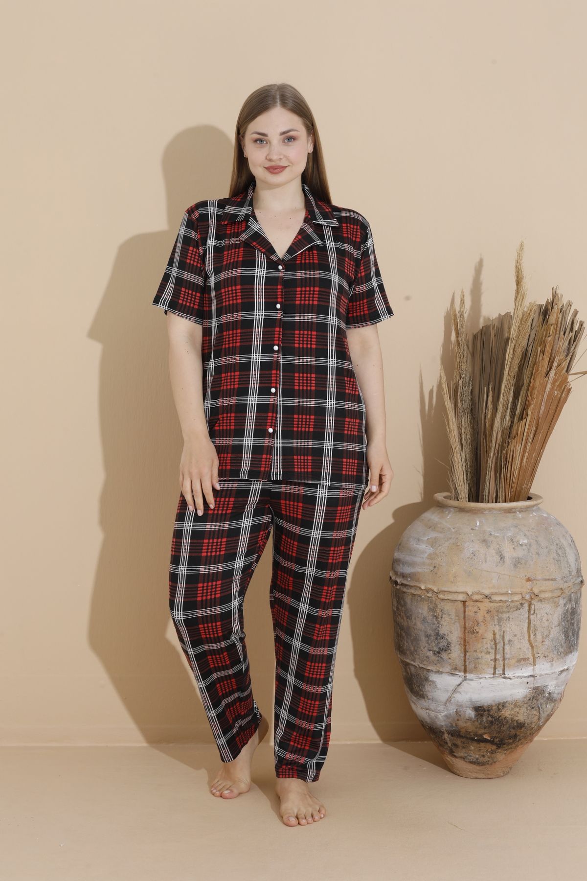 Kadın Battal Milan Kumaş Kısa Kol Gömlek Yaka Büyük Beden Pijama Takımı