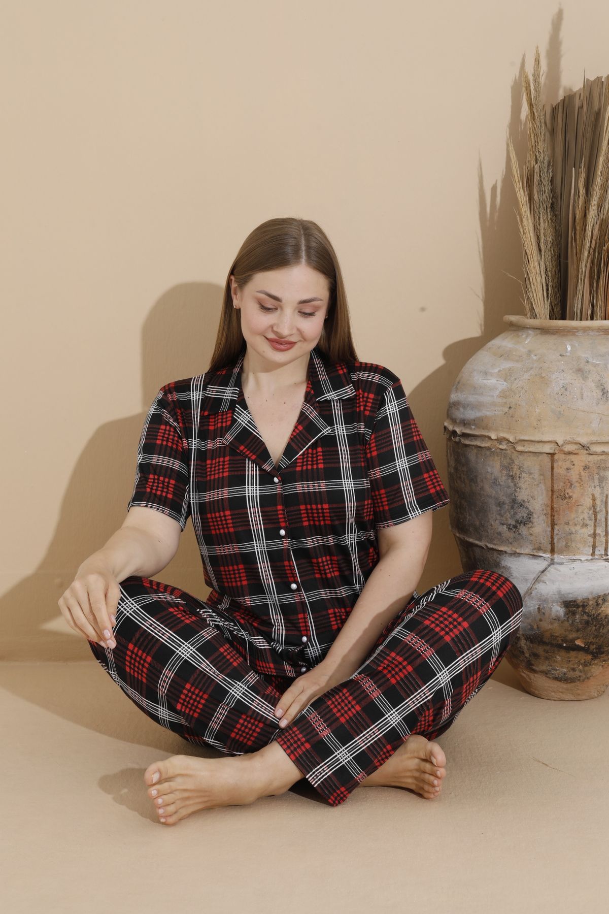 Kadın Battal Milan Kumaş Kısa Kol Gömlek Yaka Büyük Beden Pijama Takımı