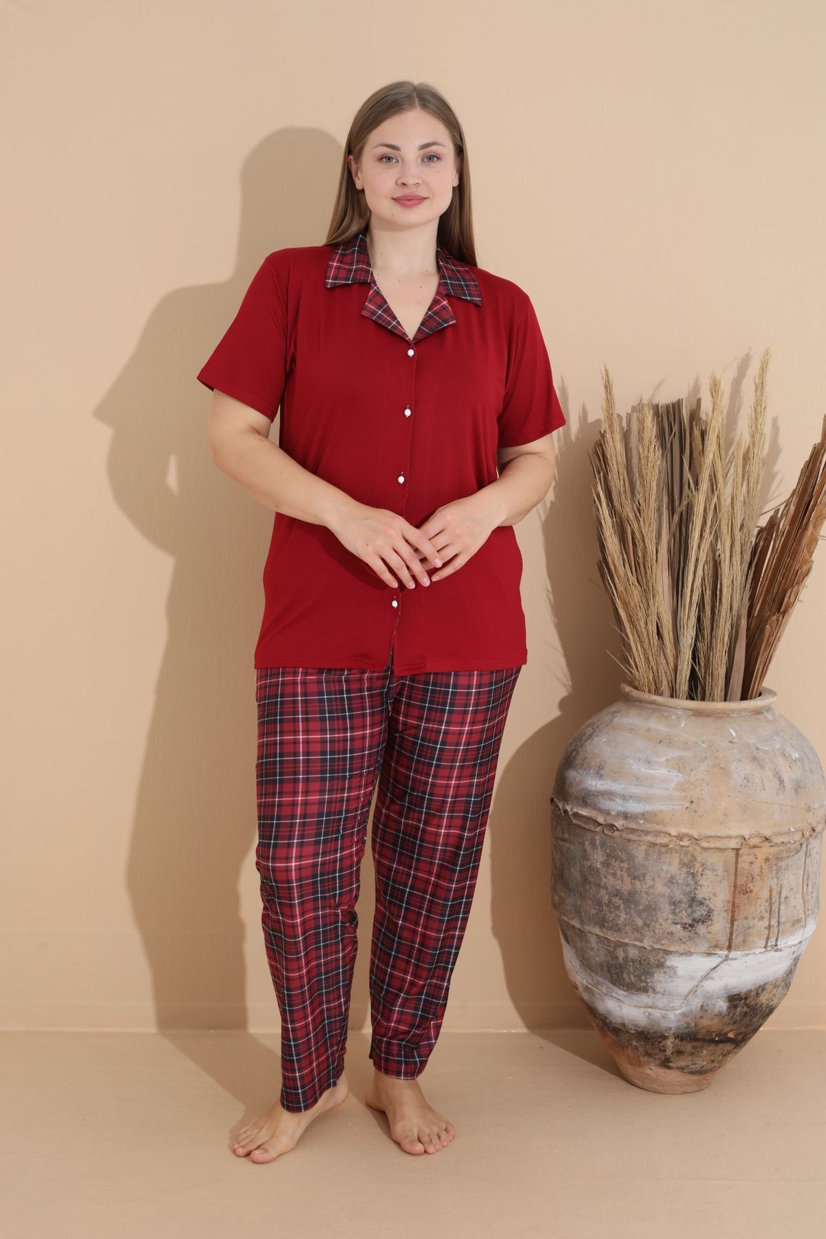 Kadın Battal Milan Kumaş Kısa Kol Gömlek Yaka Büyük Beden Pijama Takımı