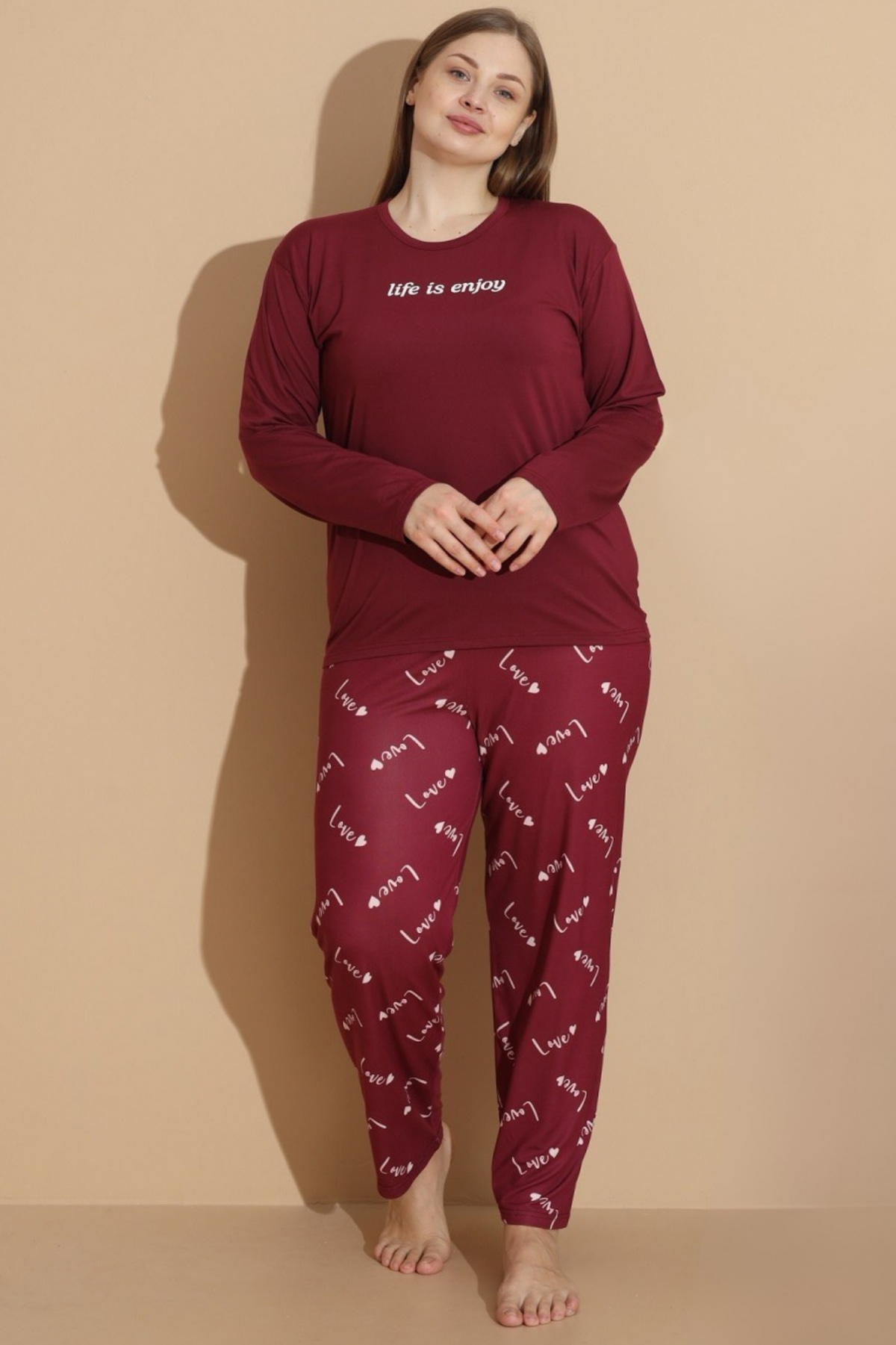 Kadın Battal Milan Kumaş Pijama Takımı Büyük Beden Uzun Kol BORDO-4XL