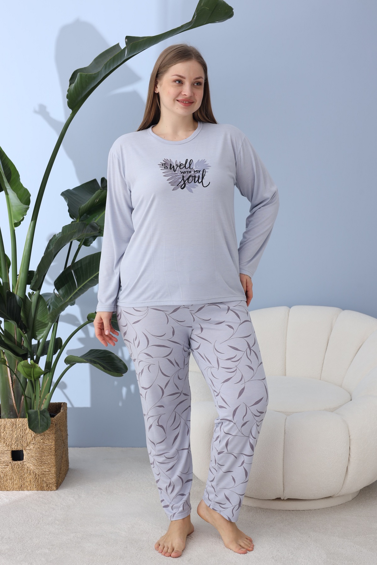 Kadın Battal Milan Kumaş Pijama Takımı Büyük Beden Uzun Kol GRİ-4XL