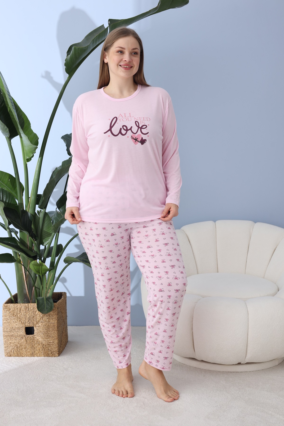 Kadın Battal Milan Kumaş Pijama Takımı Büyük Beden Uzun Kol PEMBE-3XL