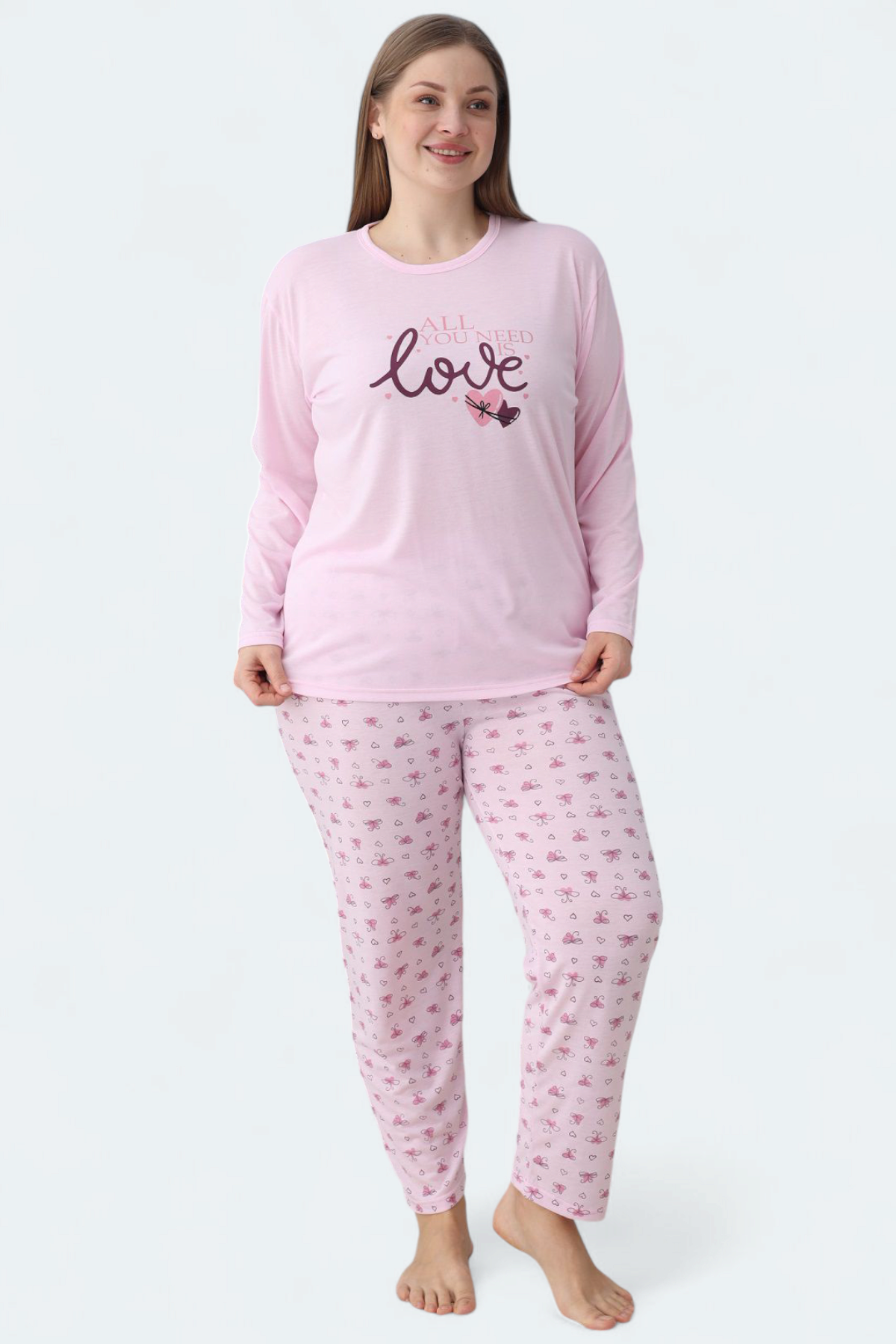 Kadın Battal Milan Kumaş Pijama Takımı Büyük Beden Uzun Kol PEMBE-3XL