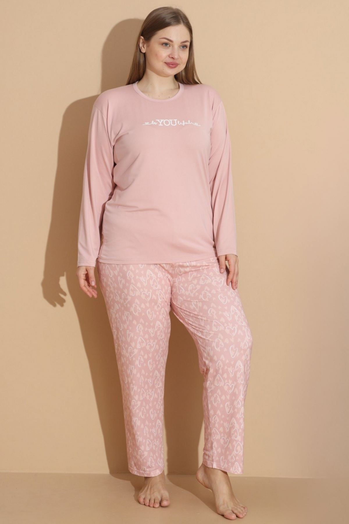 Kadın Battal Milan Kumaş Pijama Takımı Büyük Beden Uzun Kol PUDRA-5XL