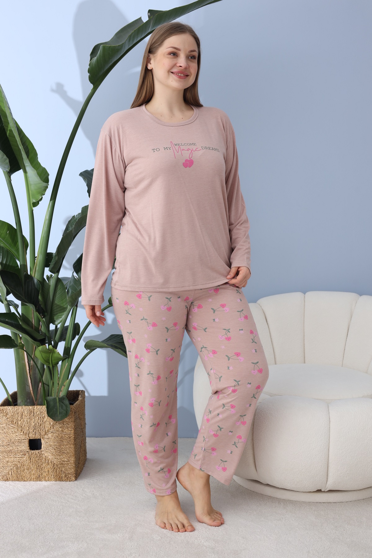 Kadın Battal Milan Kumaş Pijama Takımı Büyük Beden Uzun Kol SOMON-2XL