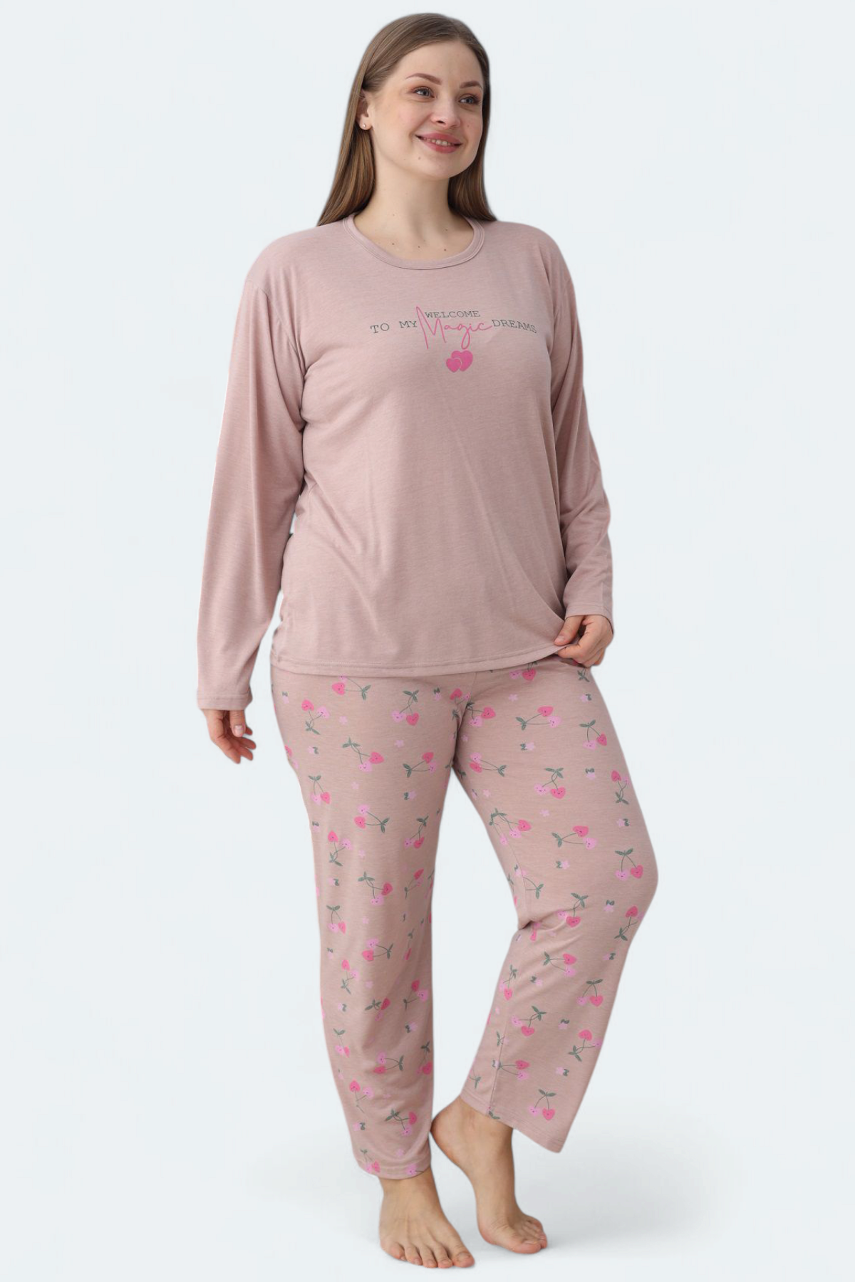 Kadın Battal Milan Kumaş Pijama Takımı Büyük Beden Uzun Kol SOMON-2XL