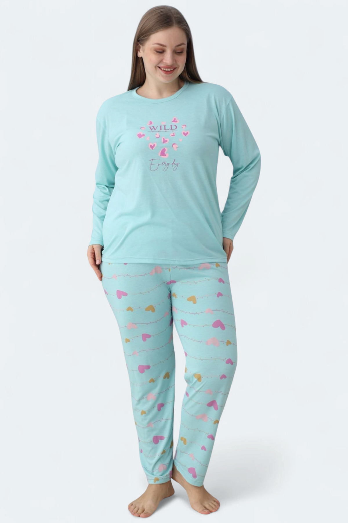 Kadın Battal Milan Kumaş Pijama Takımı Büyük Beden Uzun Kol TURKUAZ-4XL