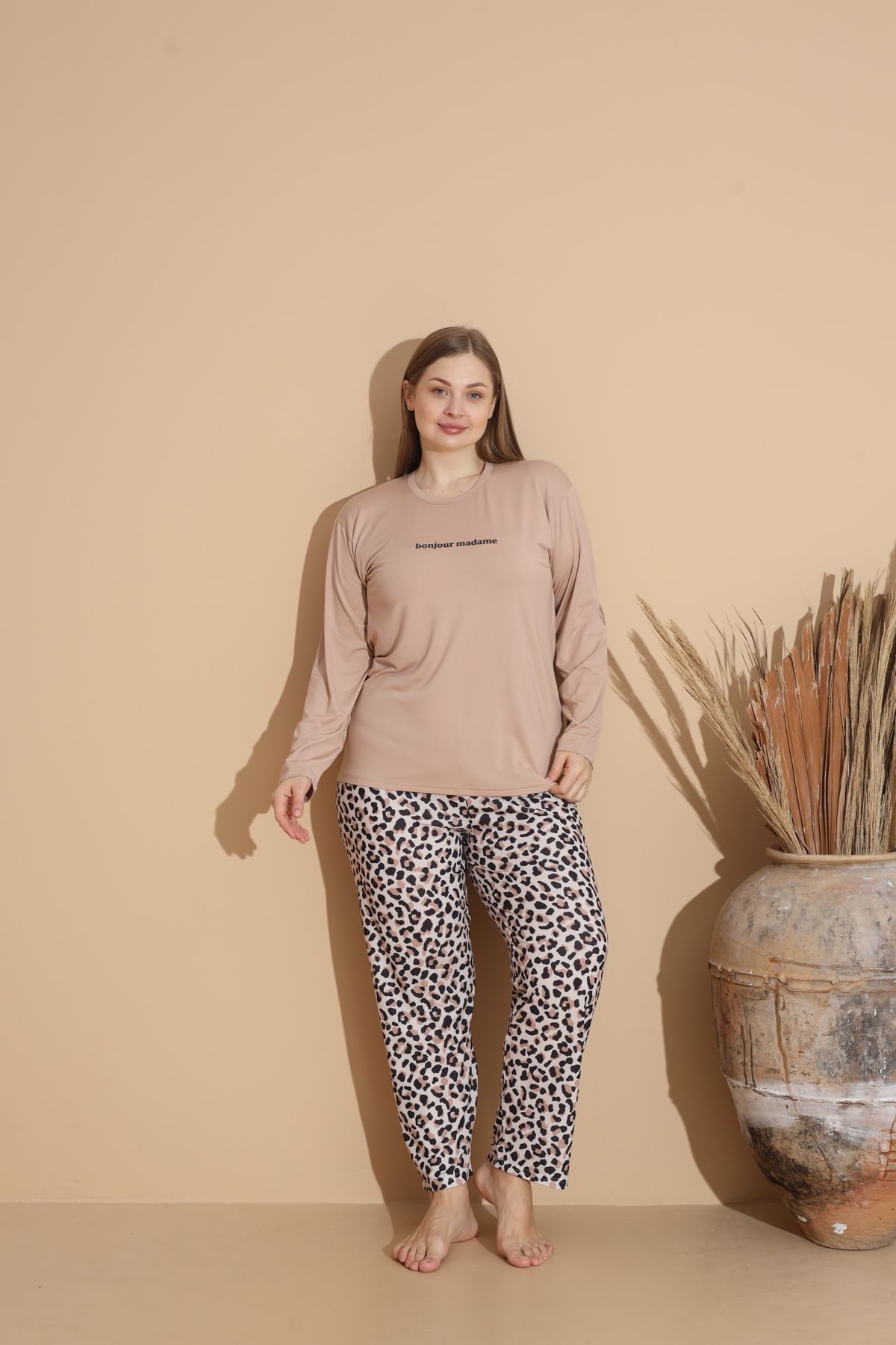 Kadın Battal Milan Kumaş Pijama Takımı Büyük Beden Uzun Kol