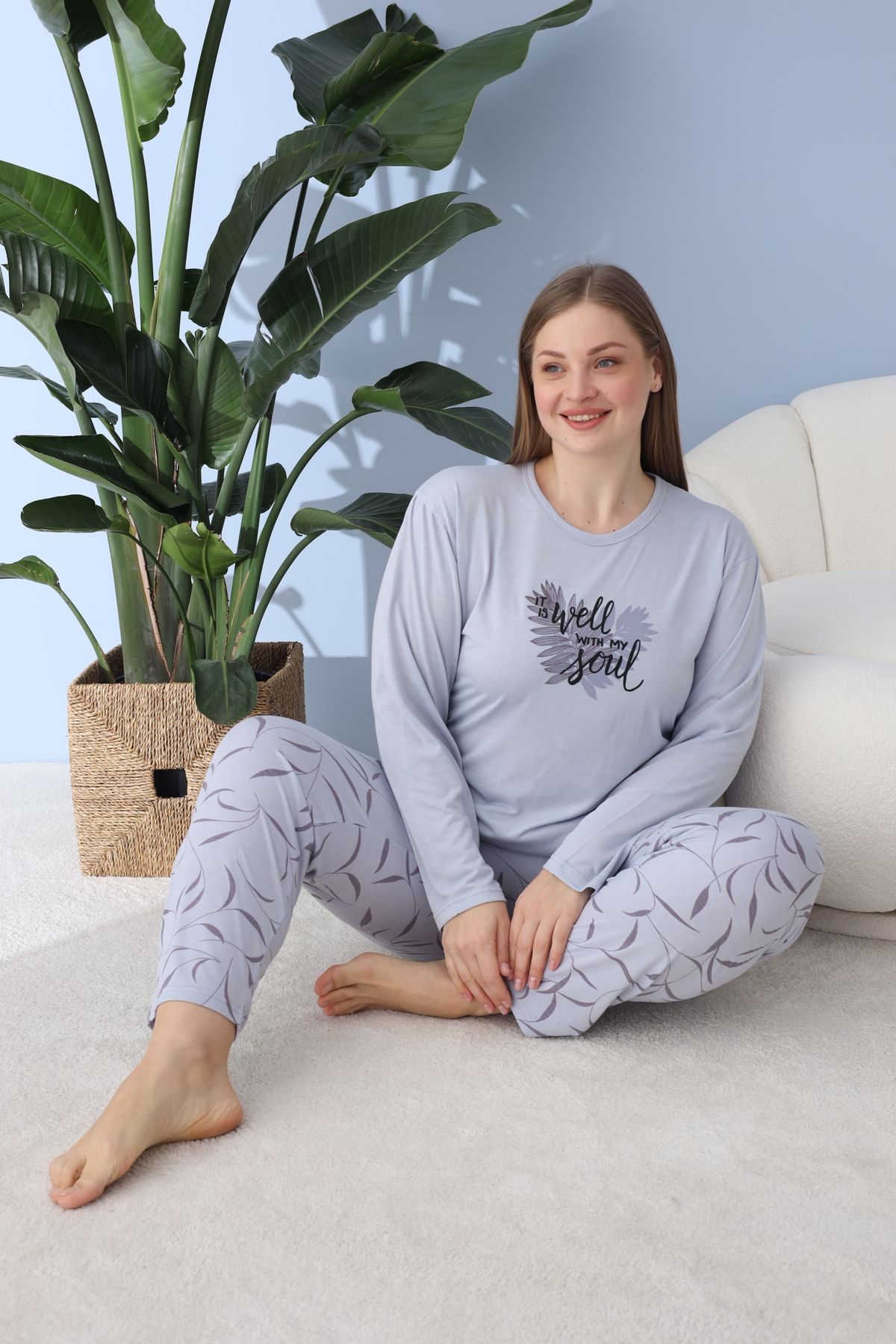 Kadın Battal Milan Kumaş Pijama Takımı Büyük Beden Uzun Kol