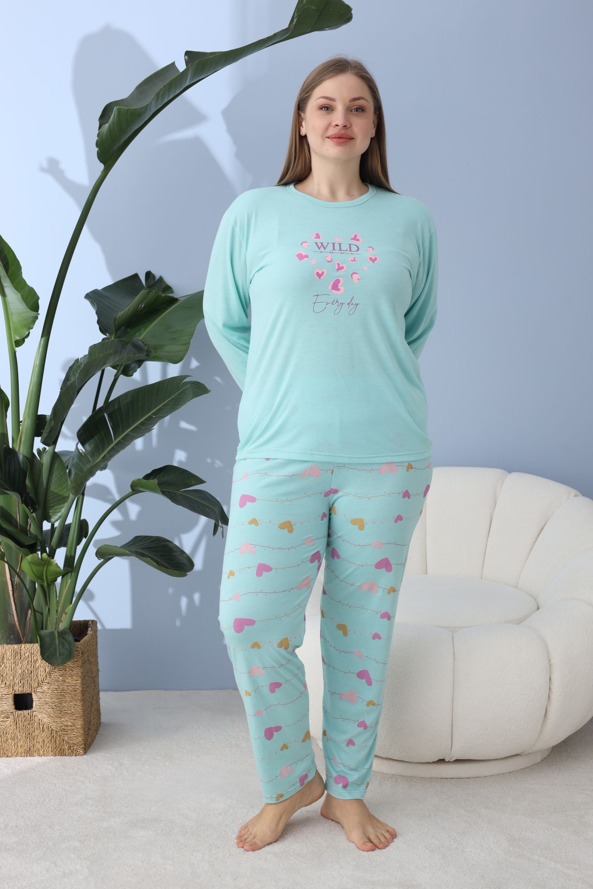 Kadın Battal Milan Kumaş Pijama Takımı Büyük Beden Uzun Kol