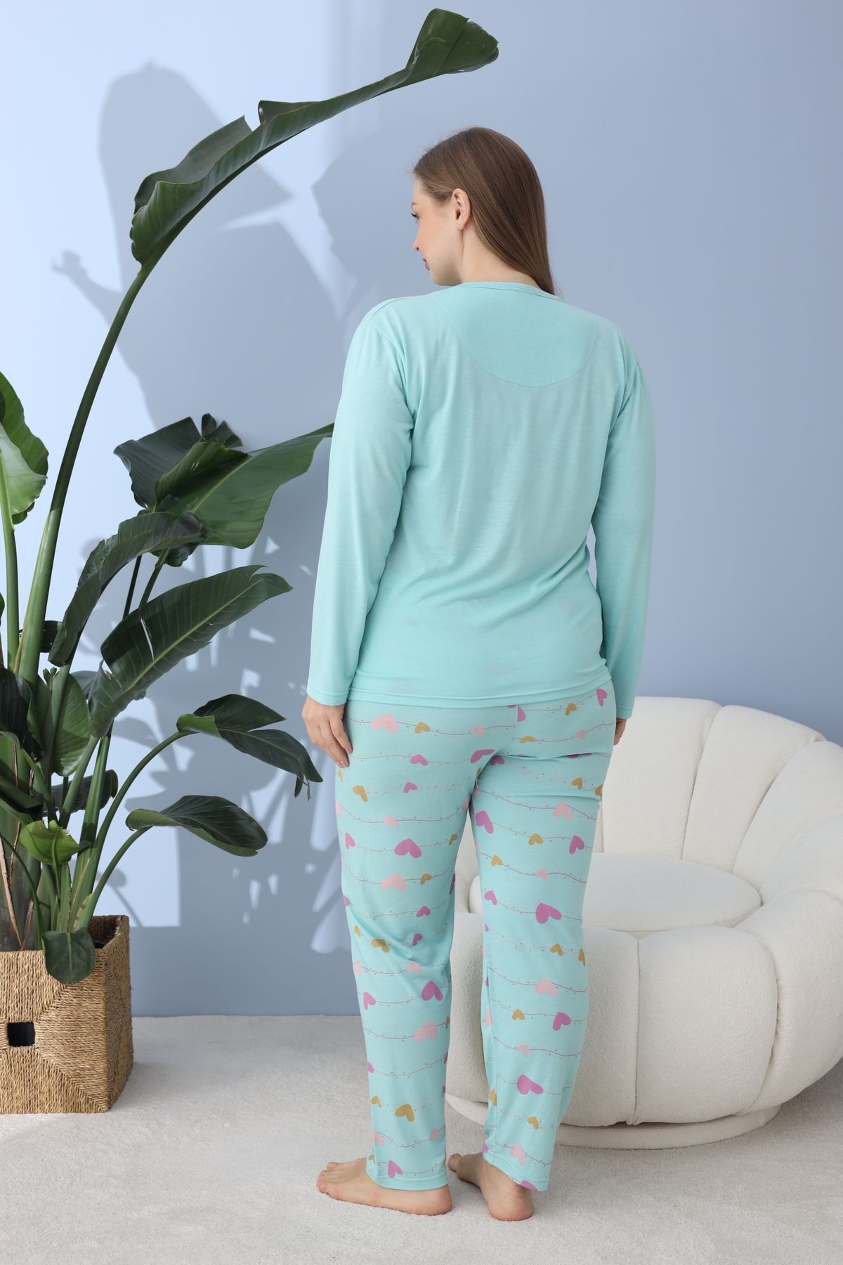 Kadın Battal Milan Kumaş Pijama Takımı Büyük Beden Uzun Kol