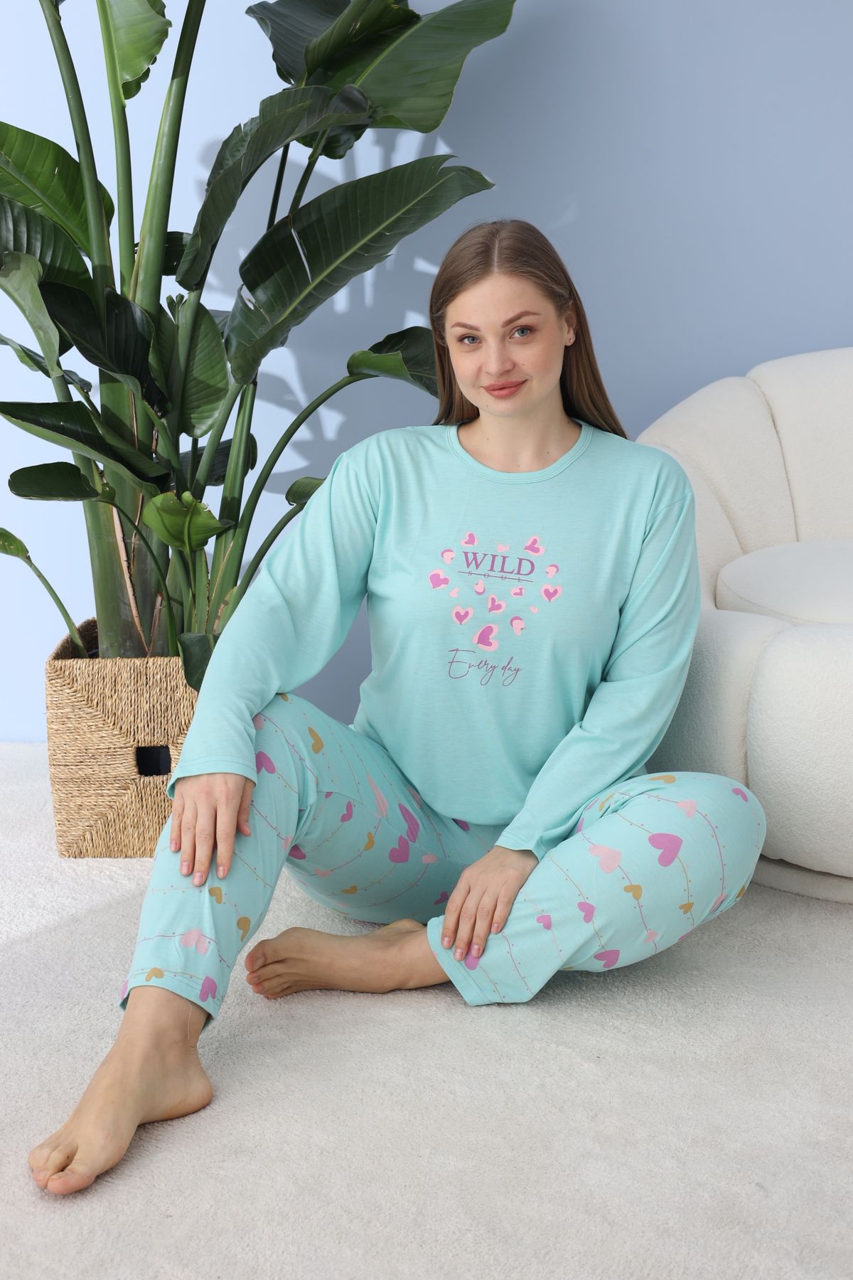 Kadın Battal Milan Kumaş Pijama Takımı Büyük Beden Uzun Kol