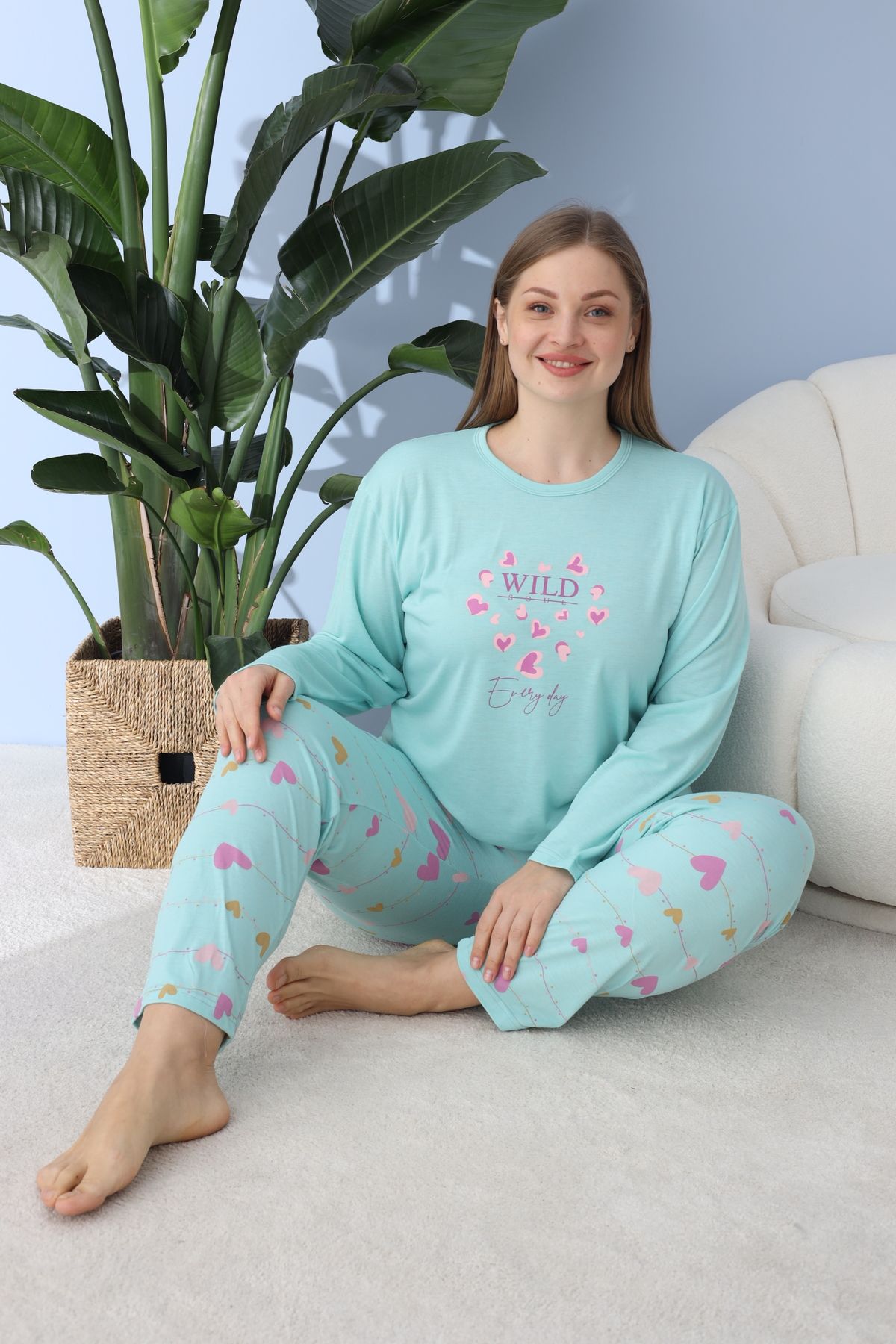 Kadın Battal Milan Kumaş Pijama Takımı Büyük Beden Uzun Kol