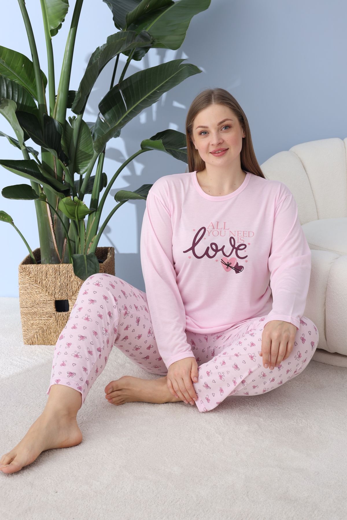 Kadın Battal Milan Kumaş Pijama Takımı Büyük Beden Uzun Kol