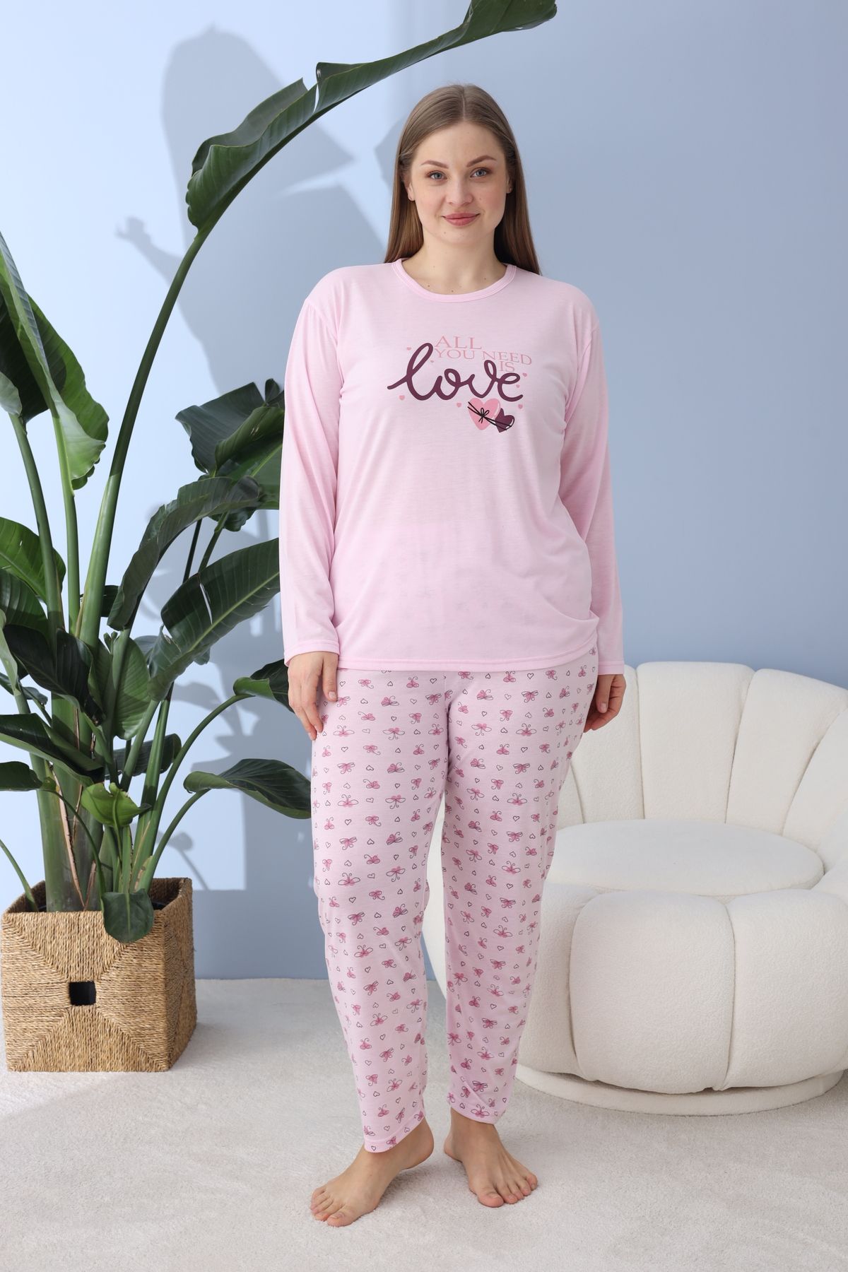 Kadın Battal Milan Kumaş Pijama Takımı Büyük Beden Uzun Kol