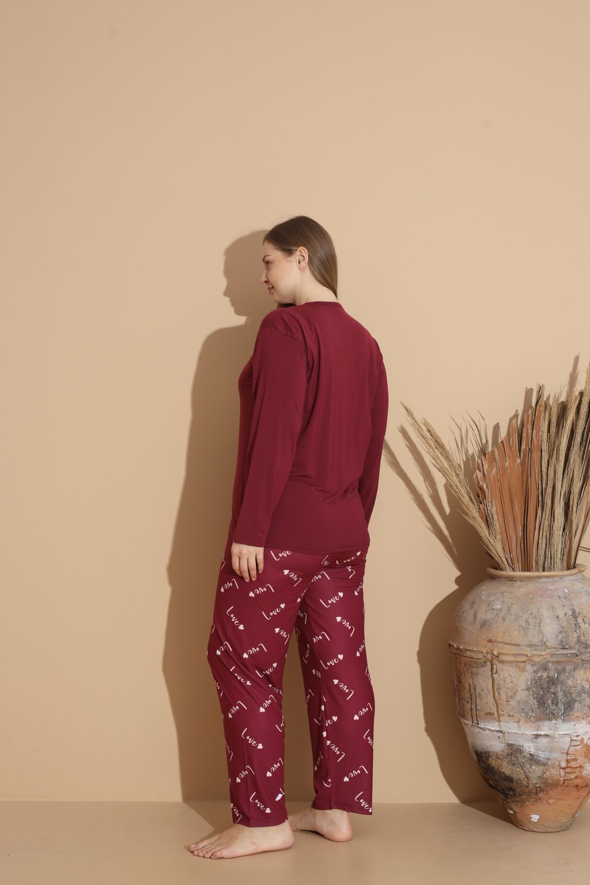 Kadın Battal Milan Kumaş Pijama Takımı Büyük Beden Uzun Kol