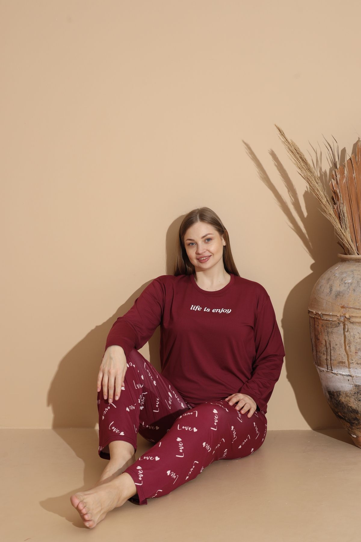 Kadın Battal Milan Kumaş Pijama Takımı Büyük Beden Uzun Kol