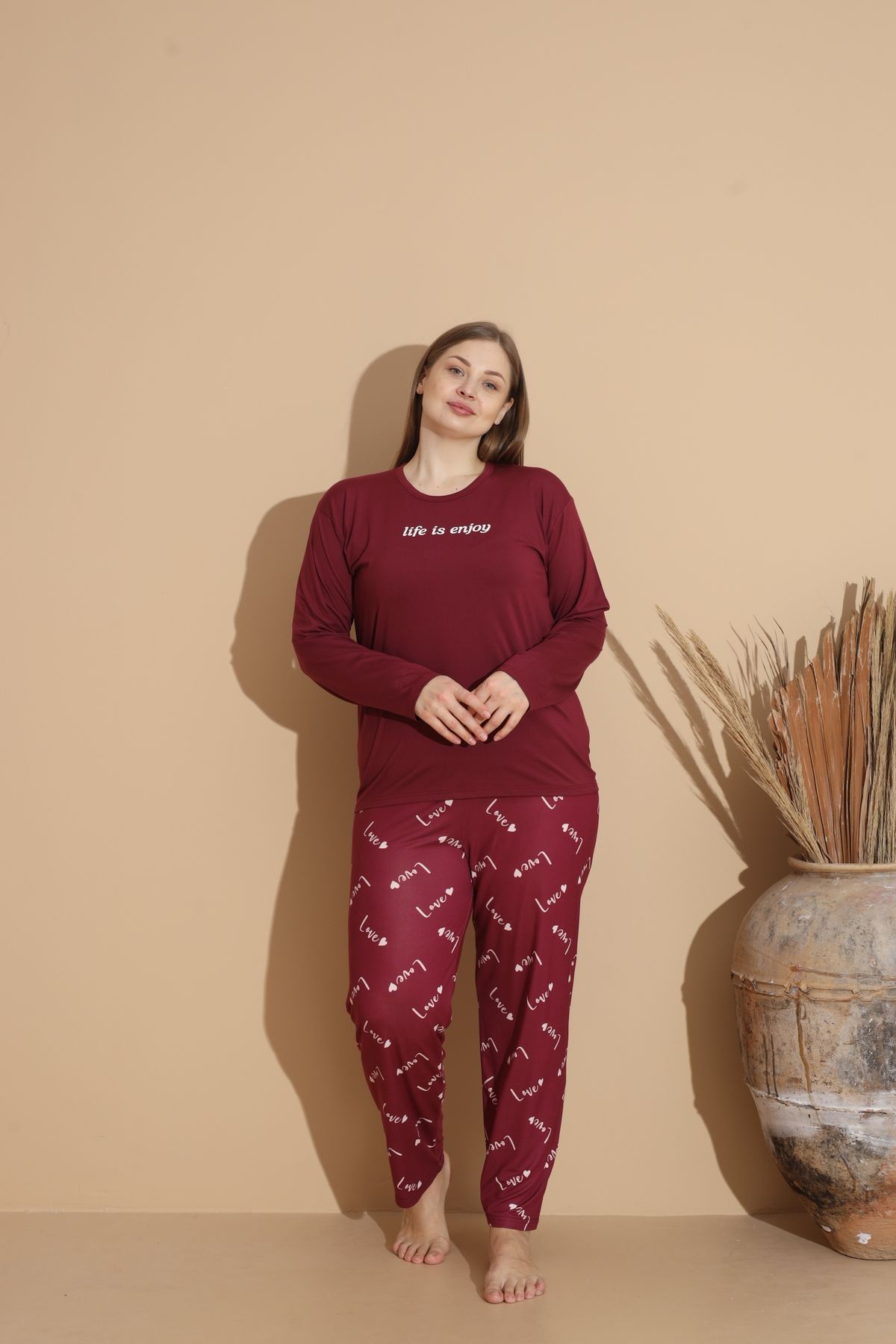 Kadın Battal Milan Kumaş Pijama Takımı Büyük Beden Uzun Kol