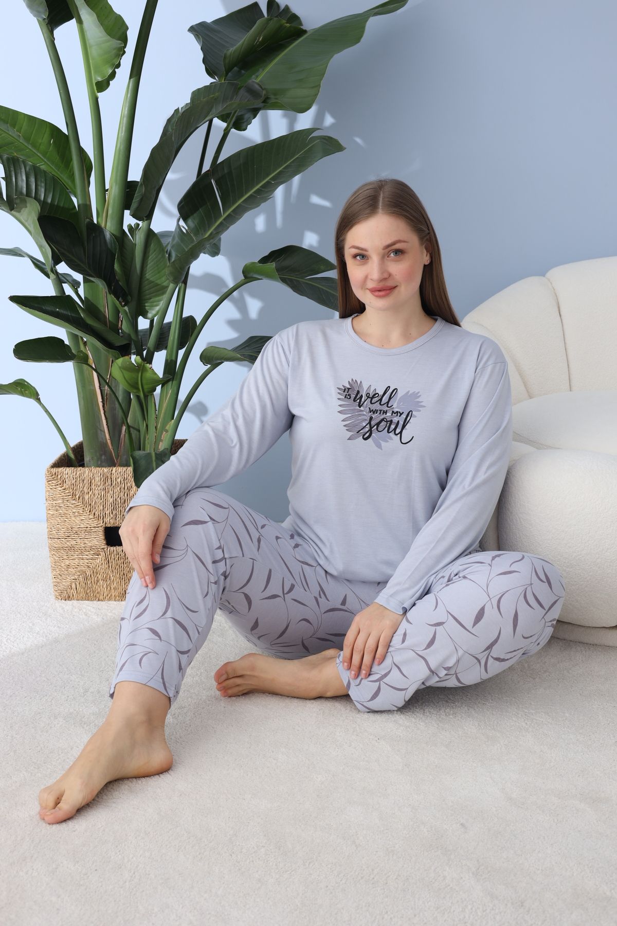 Kadın Battal Milan Kumaş Pijama Takımı Büyük Beden Uzun Kol