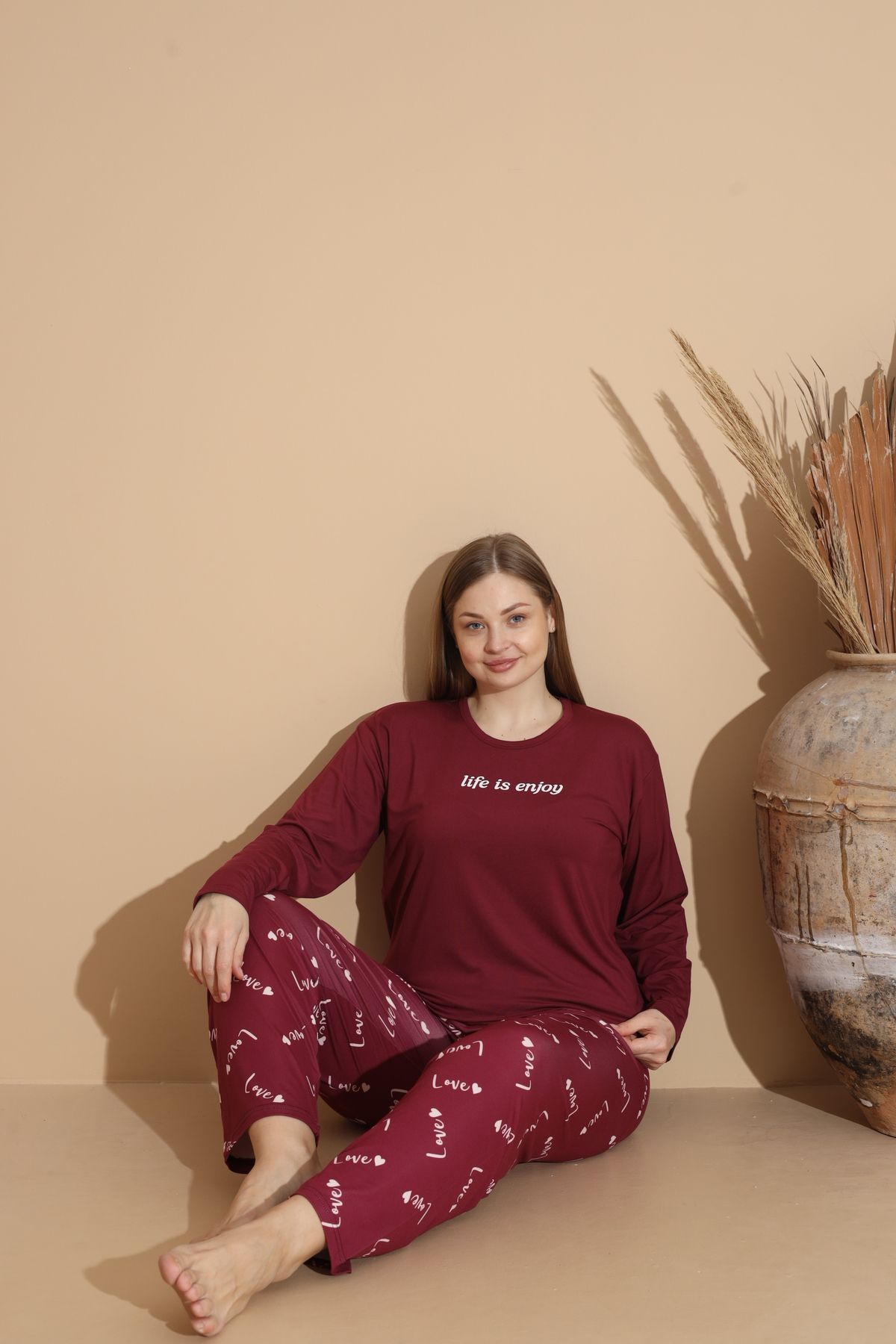 Kadın Battal Milan Kumaş Pijama Takımı Büyük Beden Uzun Kol