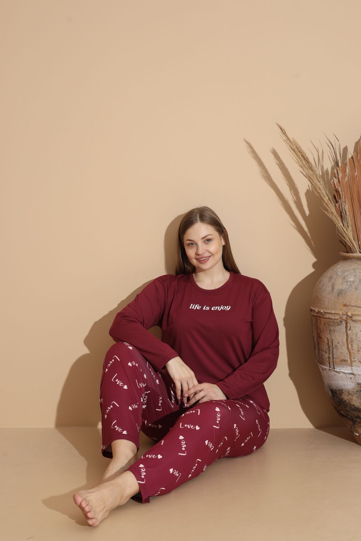 Kadın Battal Milan Kumaş Pijama Takımı Büyük Beden Uzun Kol