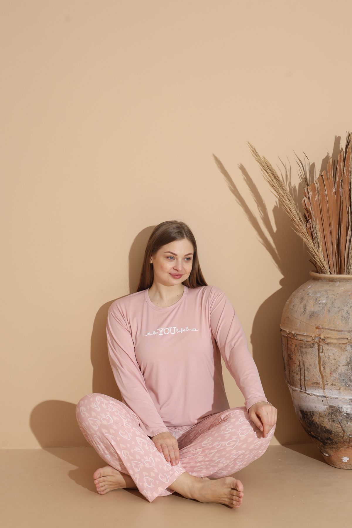 Kadın Battal Milan Kumaş Pijama Takımı Büyük Beden Uzun Kol