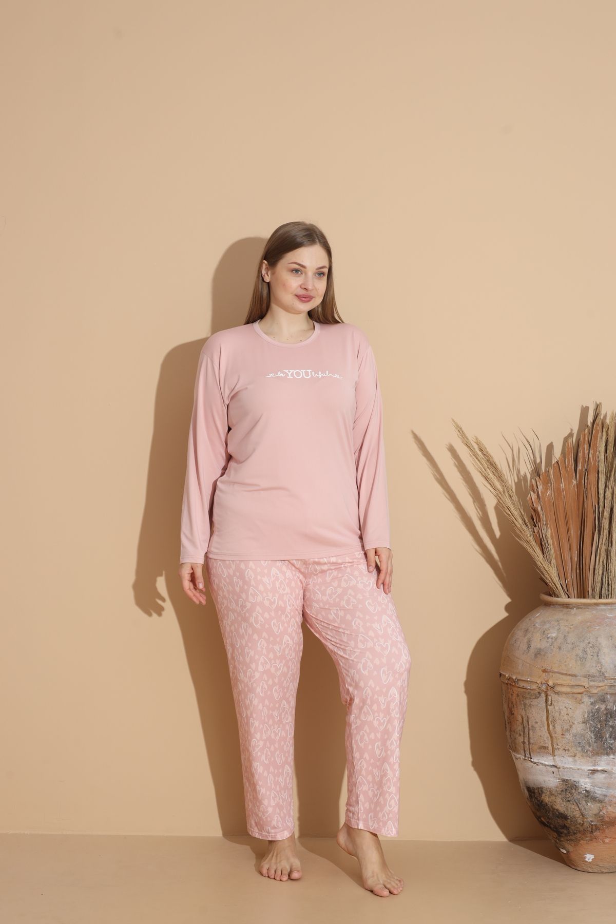 Kadın Battal Milan Kumaş Pijama Takımı Büyük Beden Uzun Kol