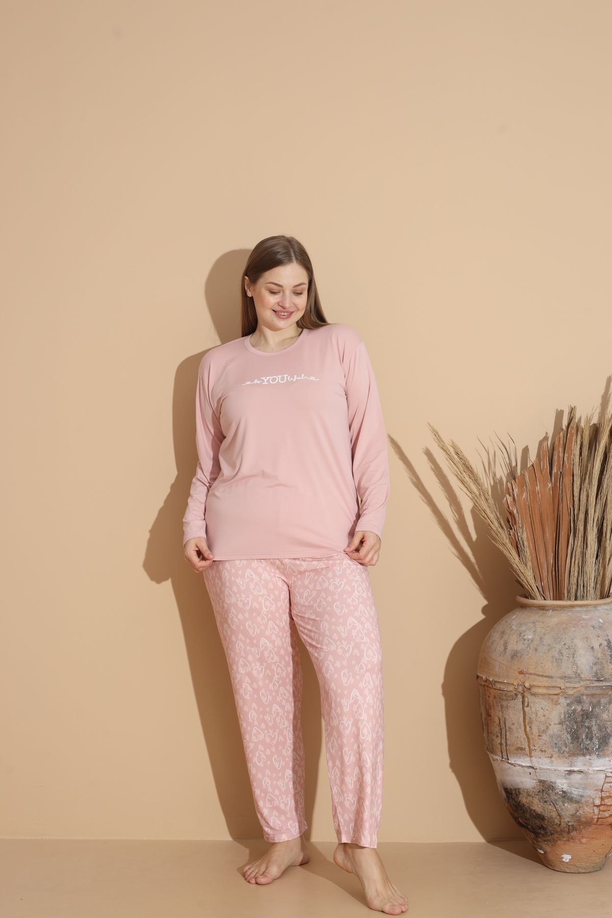 Kadın Battal Milan Kumaş Pijama Takımı Büyük Beden Uzun Kol