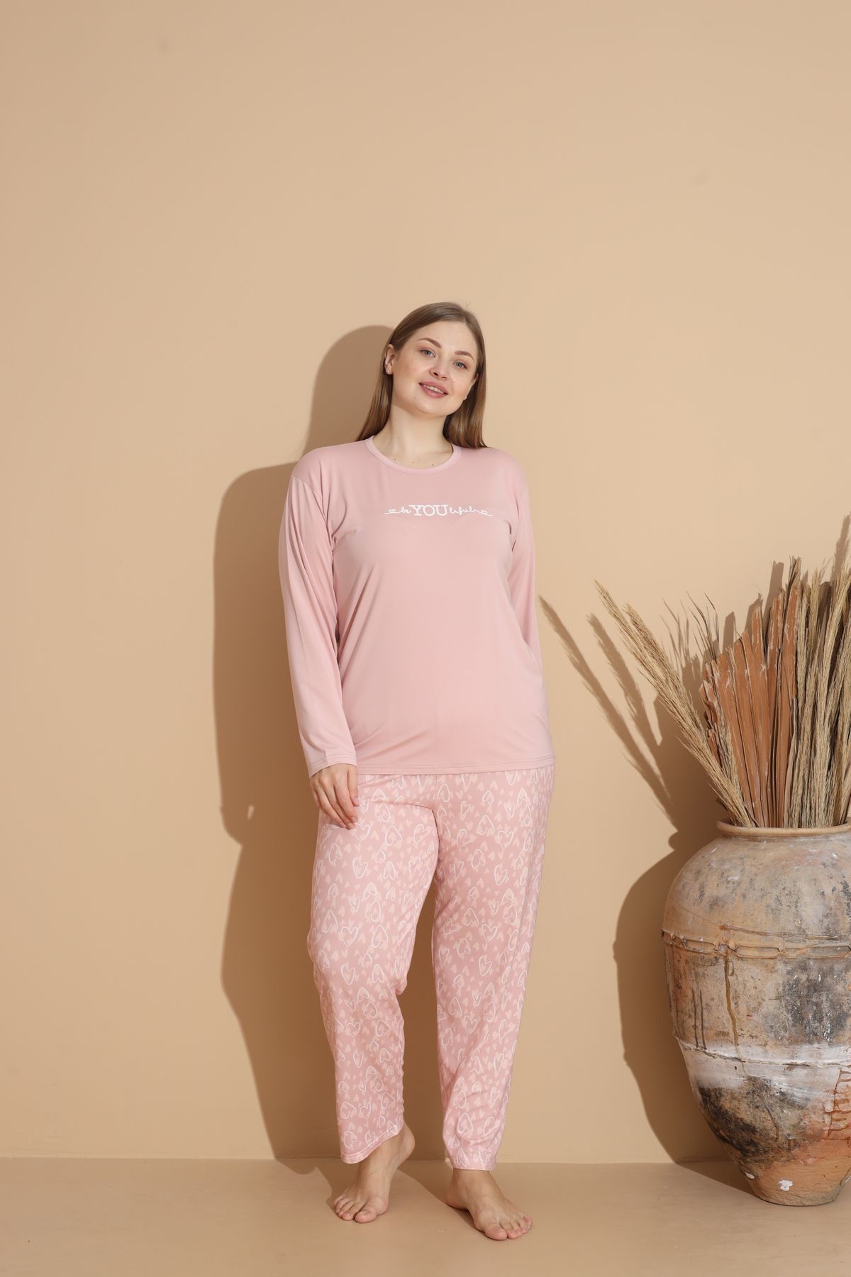 Kadın Battal Milan Kumaş Pijama Takımı Büyük Beden Uzun Kol