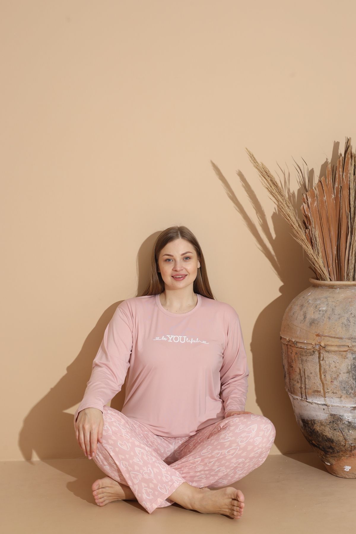 Kadın Battal Milan Kumaş Pijama Takımı Büyük Beden Uzun Kol