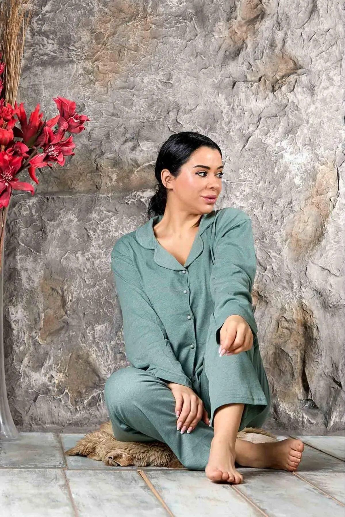 Kadın Battal Önden Düğmeli Büyük Beden Uzun Kol Gömlek Pijama Takımı