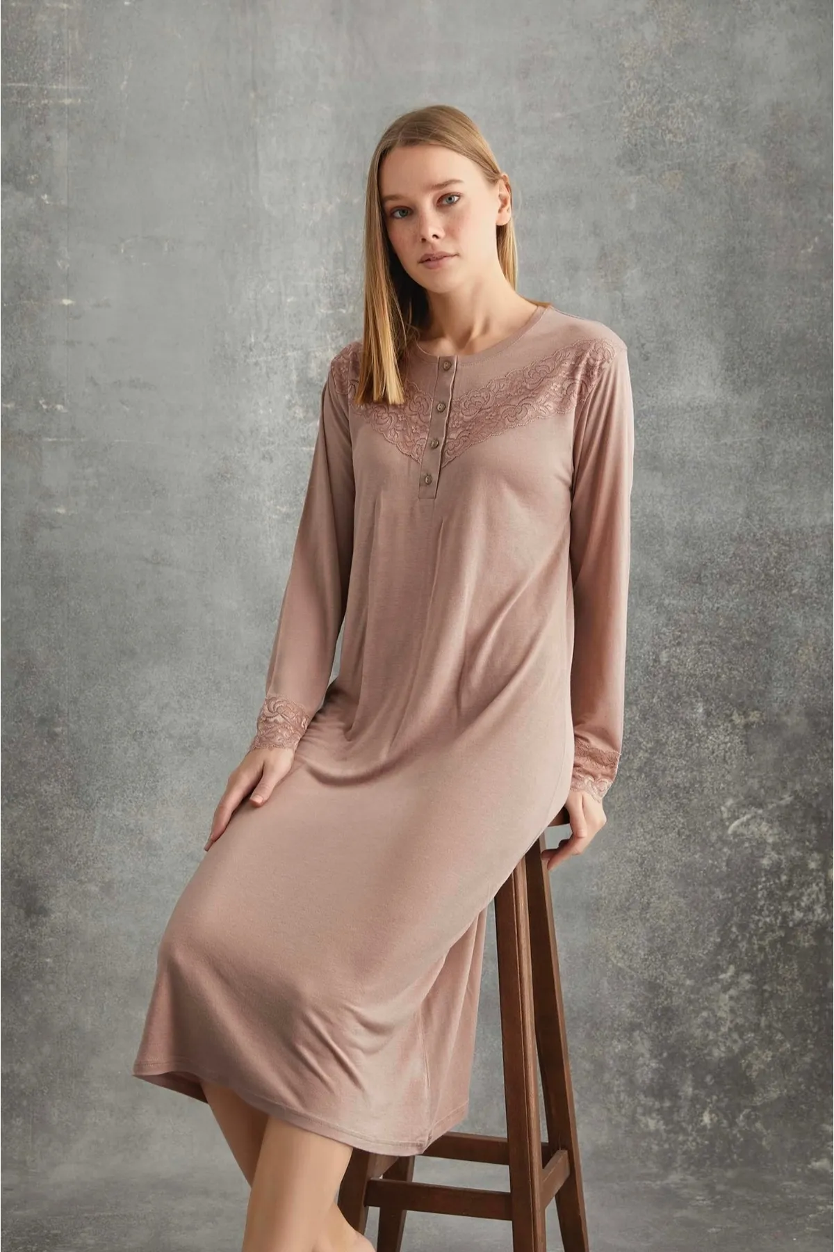 Kadın Dantelli Gül Kurusu Gecelik Uzun Kollu GÜL KURUSU-XL