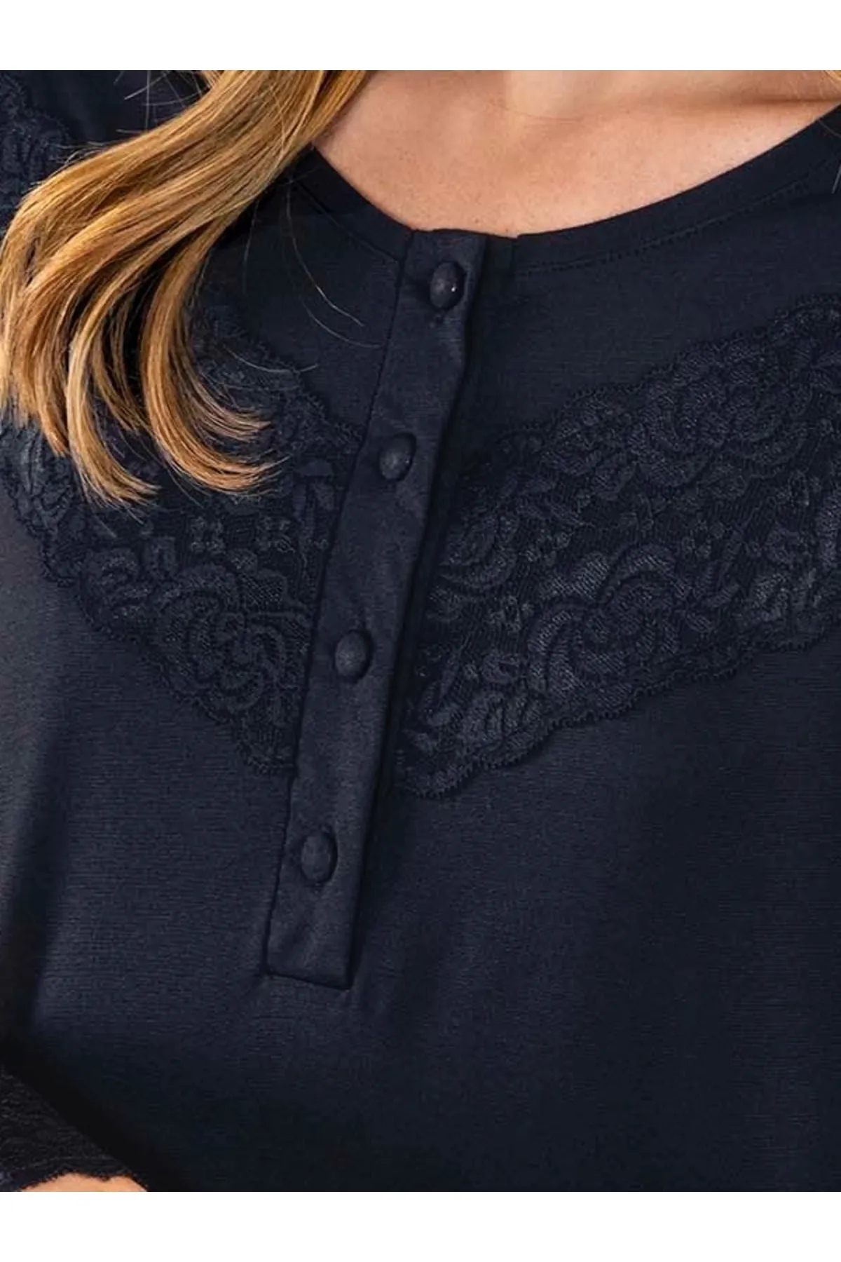 Kadın Dantelli Uzun Kollu Pamuk Kumaş Gecelik Lacivert Renk (115 Cm Uzunluk)