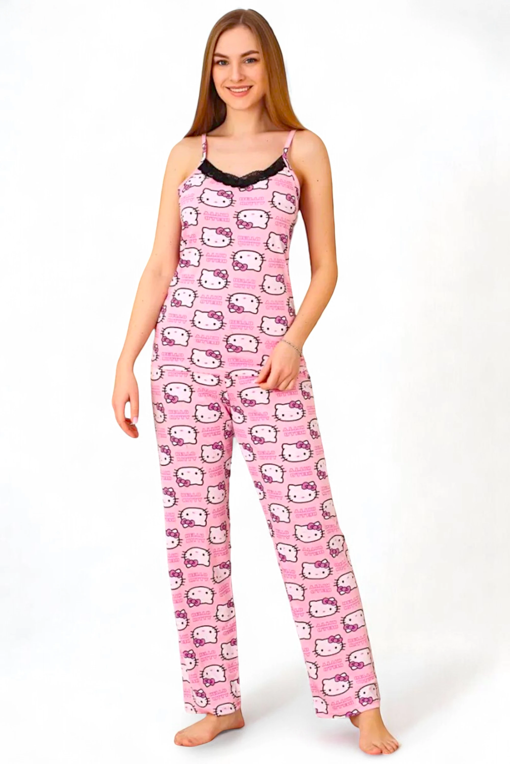 Kadın İp Askılı Bambu Kumaş Pijama Takımı YENİ SEZON PEMBE-M