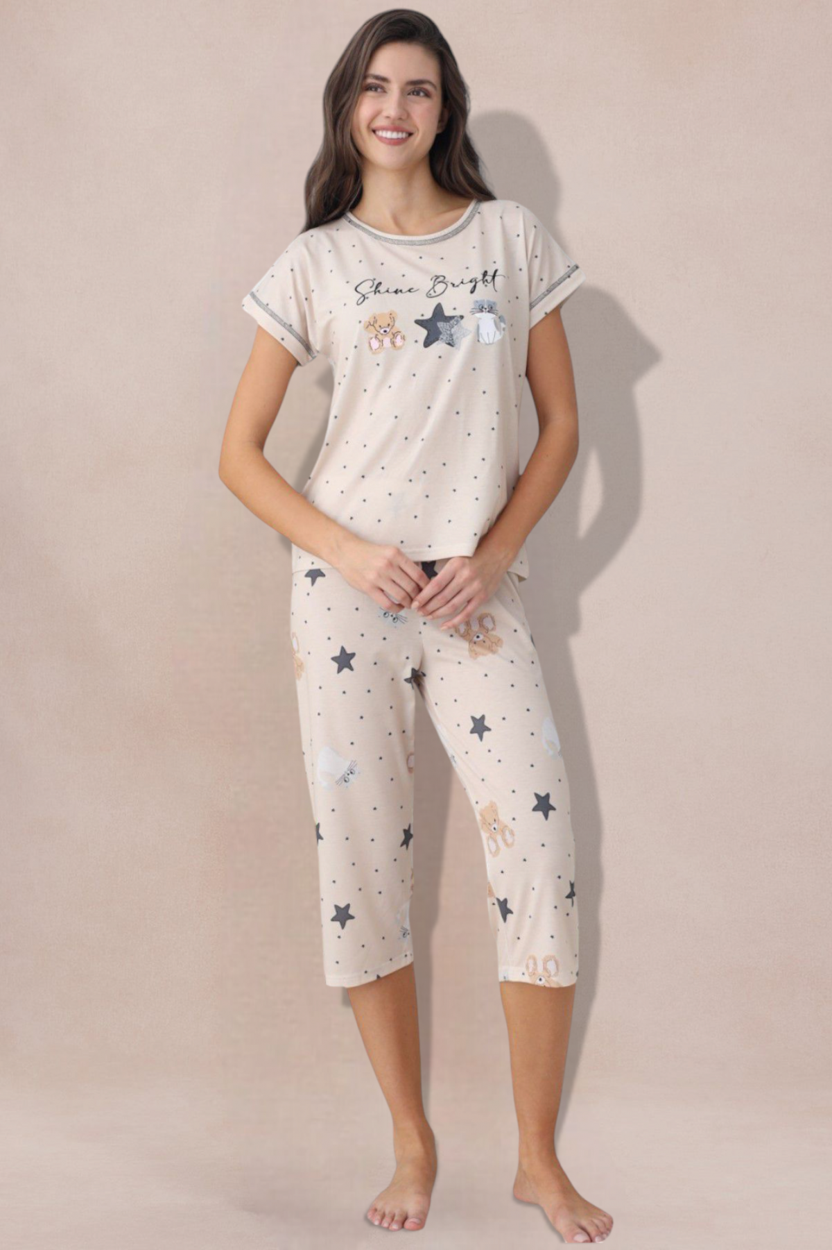 Kadın Kısa Kol Yazlık Bermuda Pijama Takımı Model 2-XL