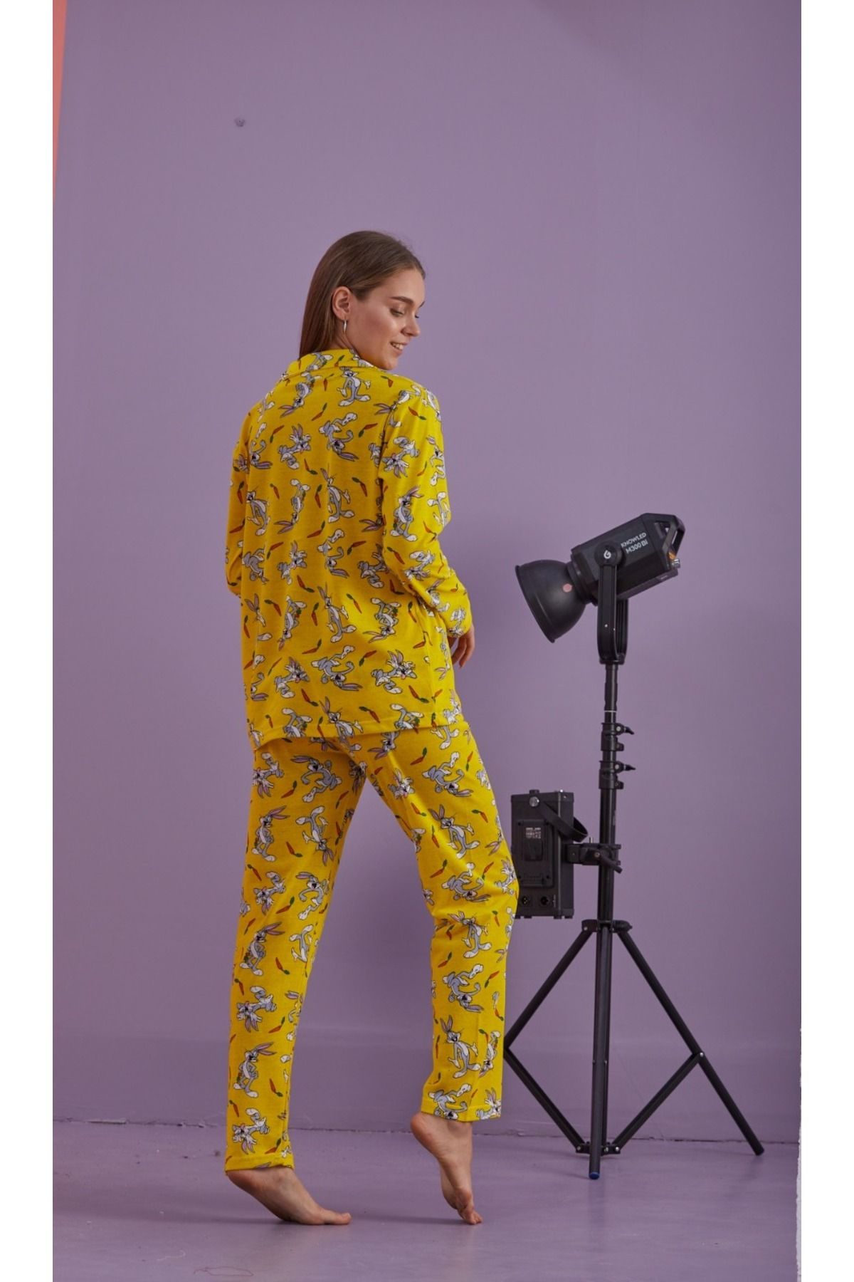 Kadın Mevsimlik Pamuklu Penye Pijama Takımı Önden Düğmeli