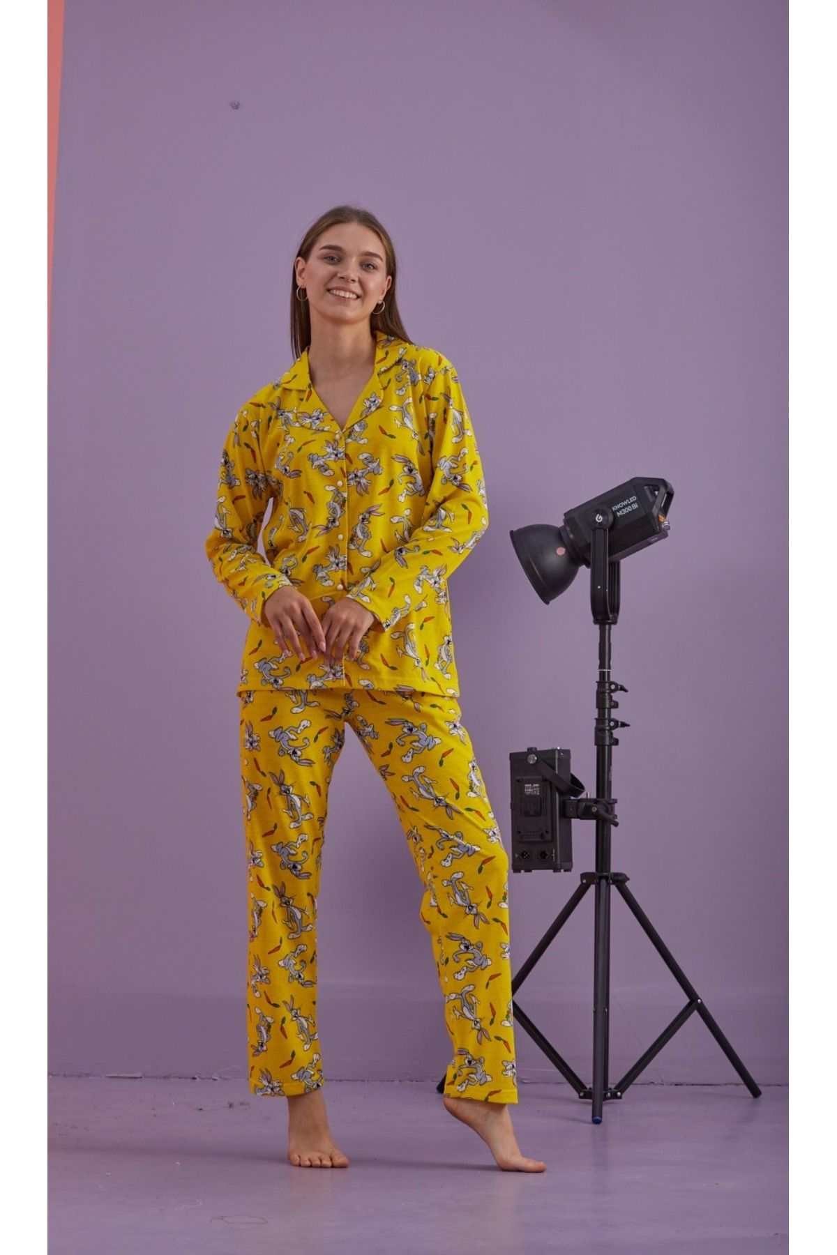 Kadın Mevsimlik Pamuklu Penye Pijama Takımı Önden Düğmeli