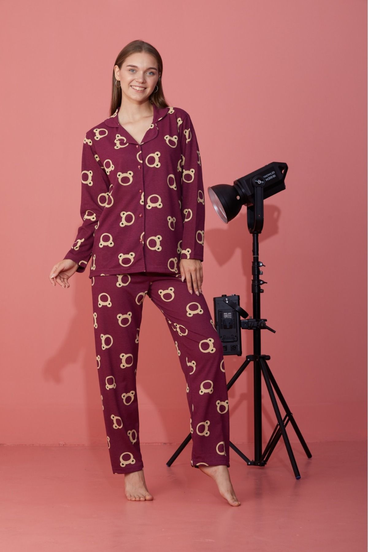 Kadın Mevsimlik Pamuklu Penye Pijama Takımı Önden Düğmeli