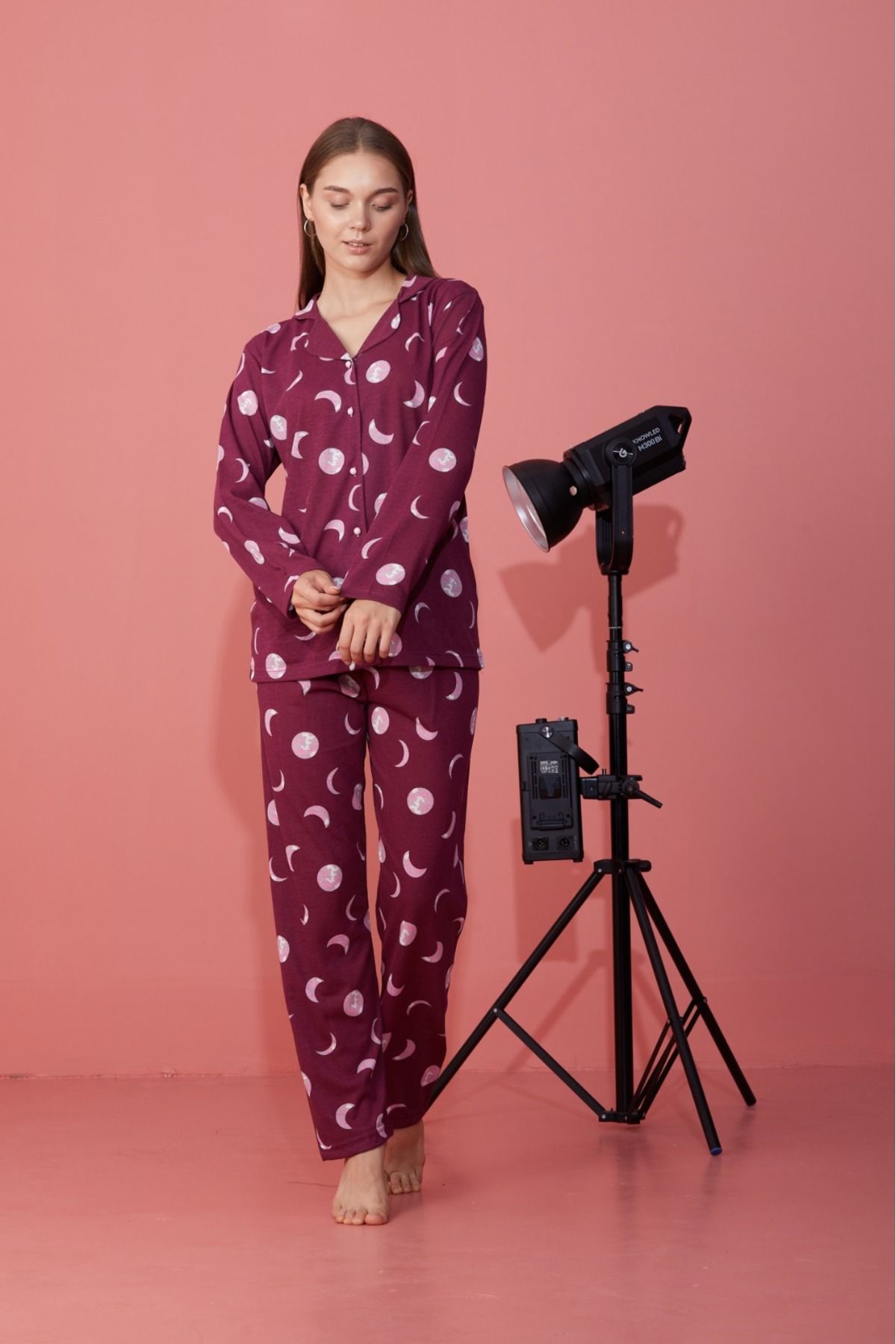 Kadın Mevsimlik Pamuklu Penye Pijama Takımı Önden Düğmeli