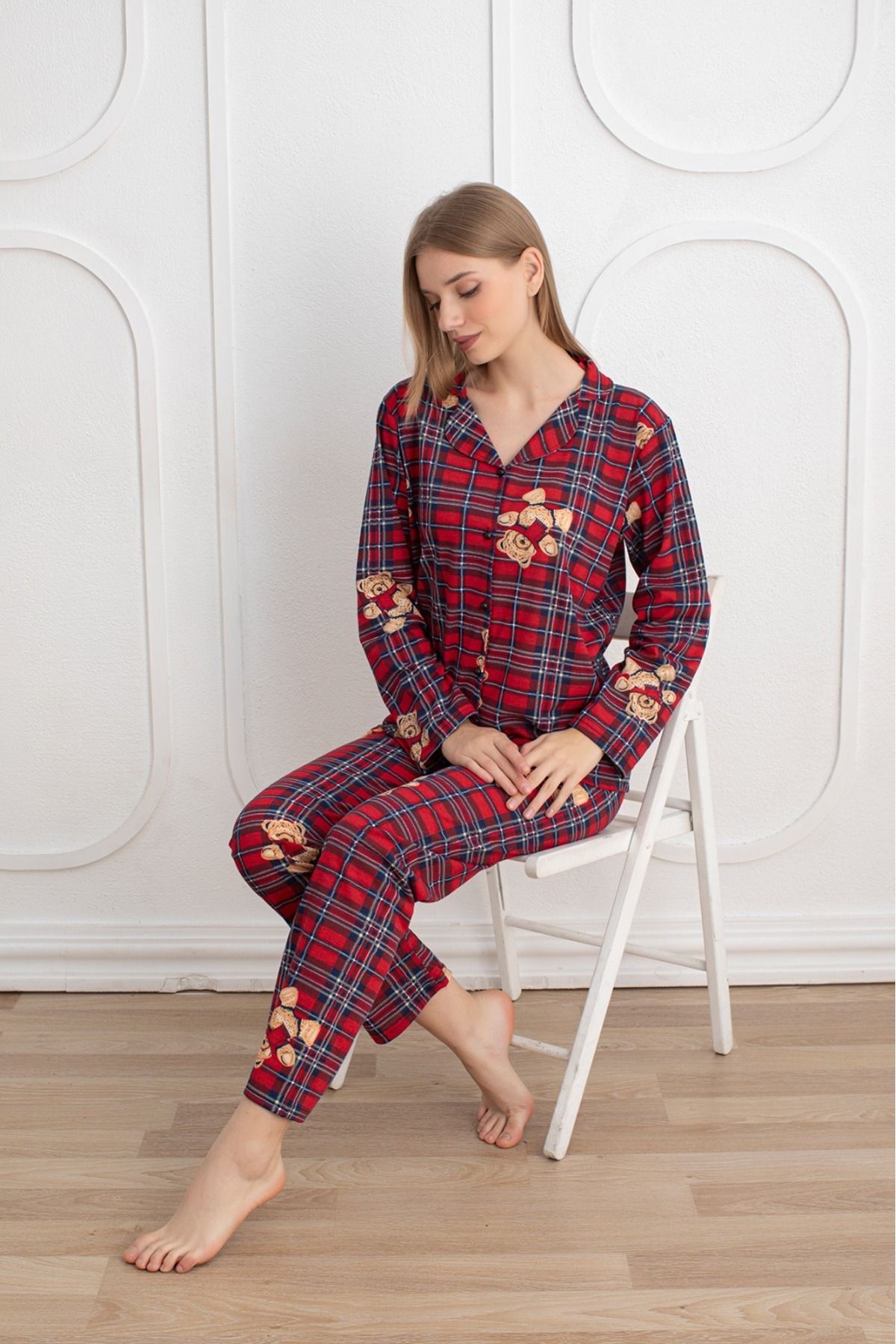 Kadın Mevsimlik Pamuklu Penye Pijama Takımı Önden Düğmeli