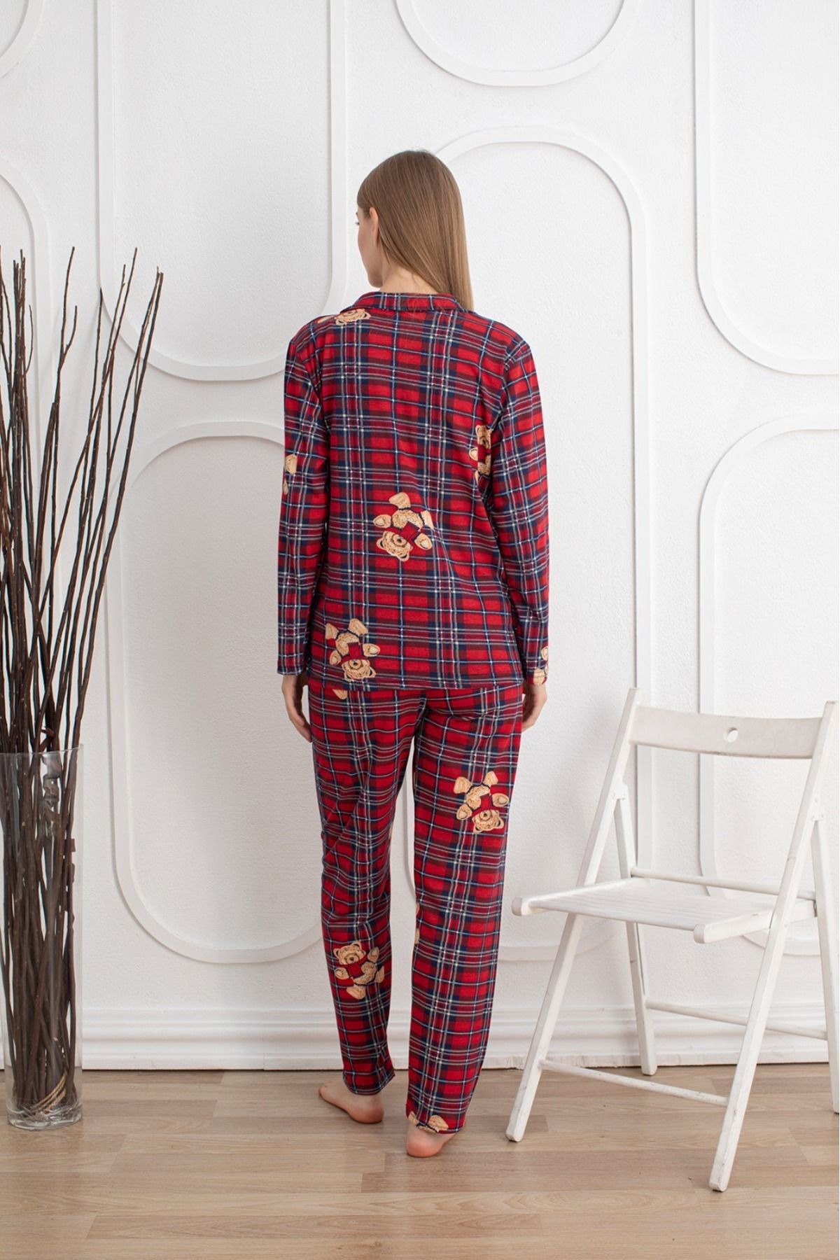 Kadın Mevsimlik Pamuklu Penye Pijama Takımı Önden Düğmeli